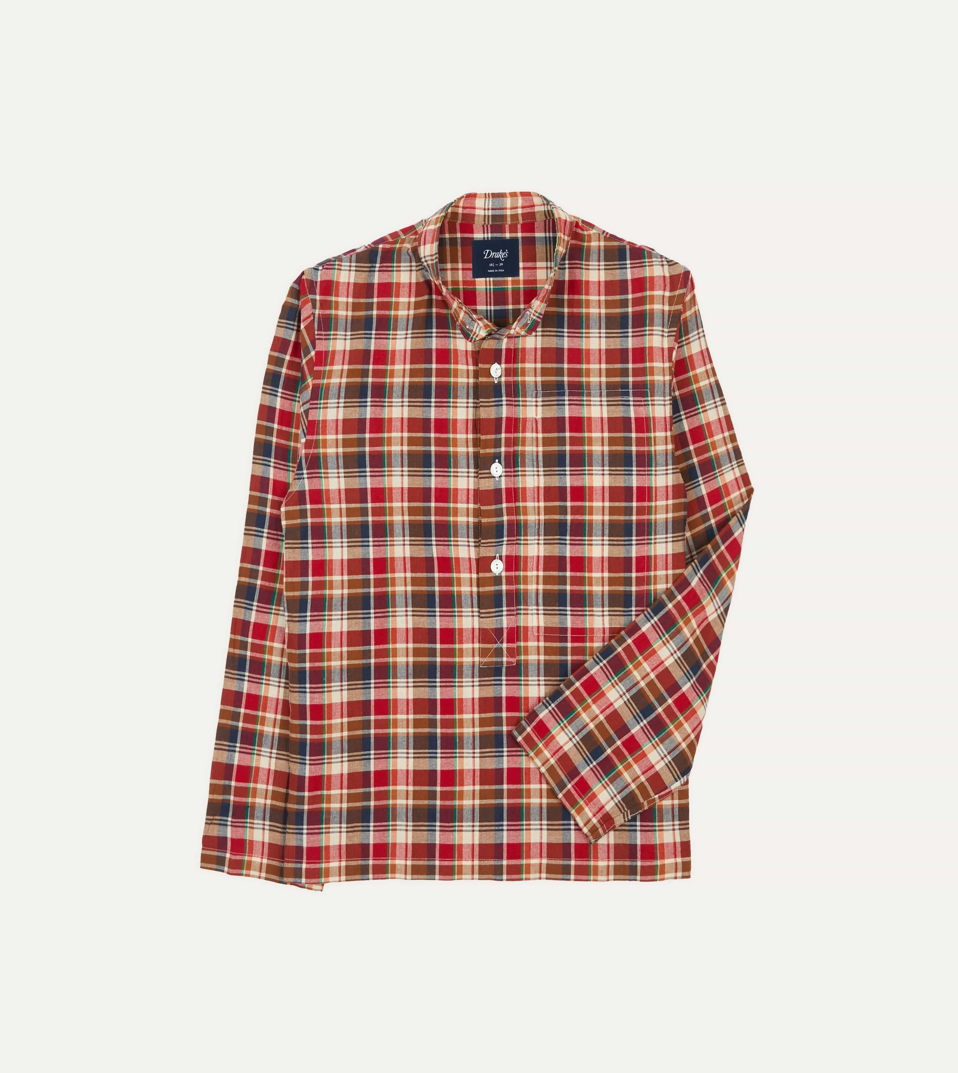 Brown, Navy and Red Madras Check Linen Mandarin Collar Popover Shirt sold by Drake's London