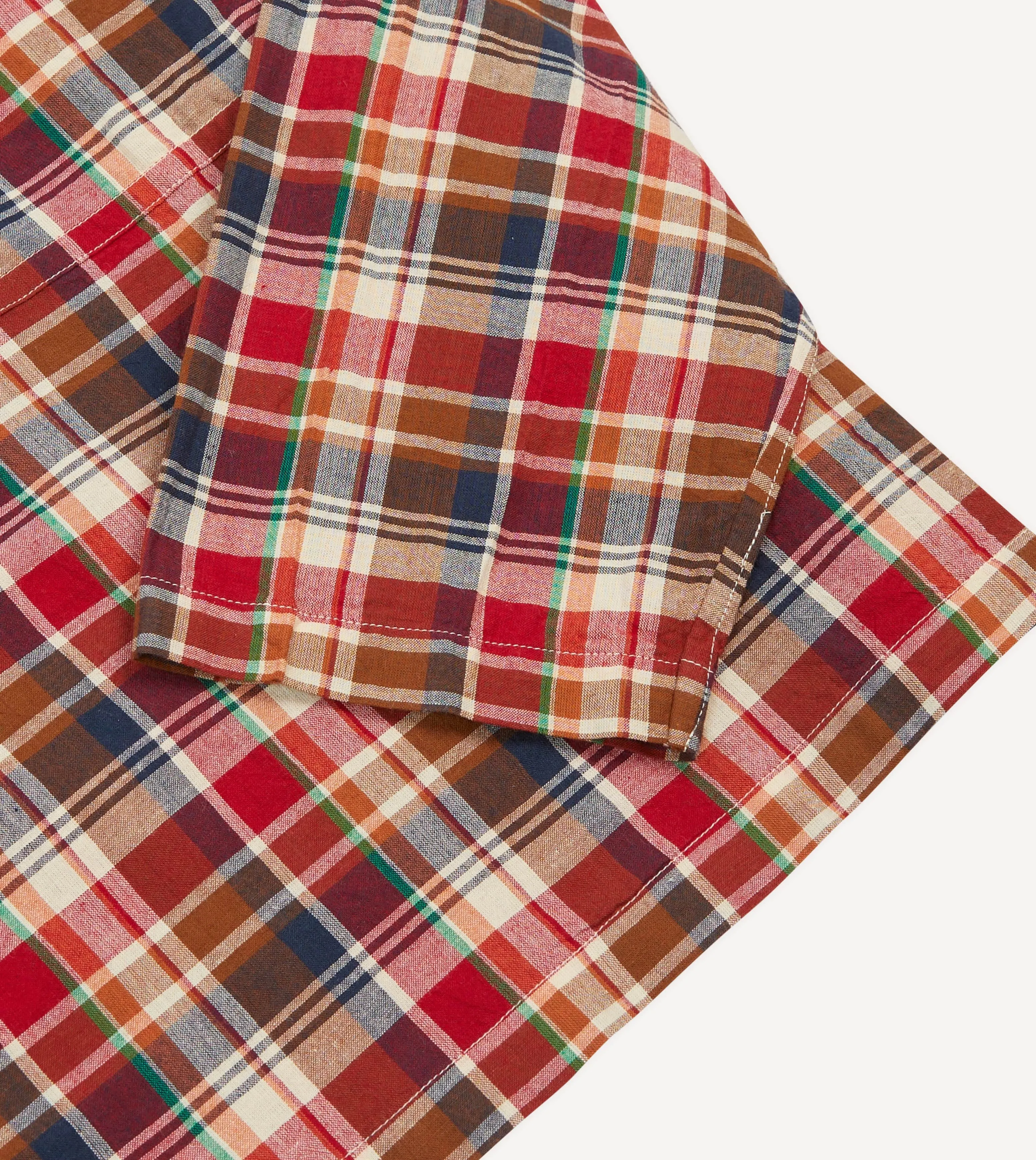 Brown, Navy and Red Madras Check Linen Mandarin Collar Popover Shirt sold by Drake's London product image thumbnail 5