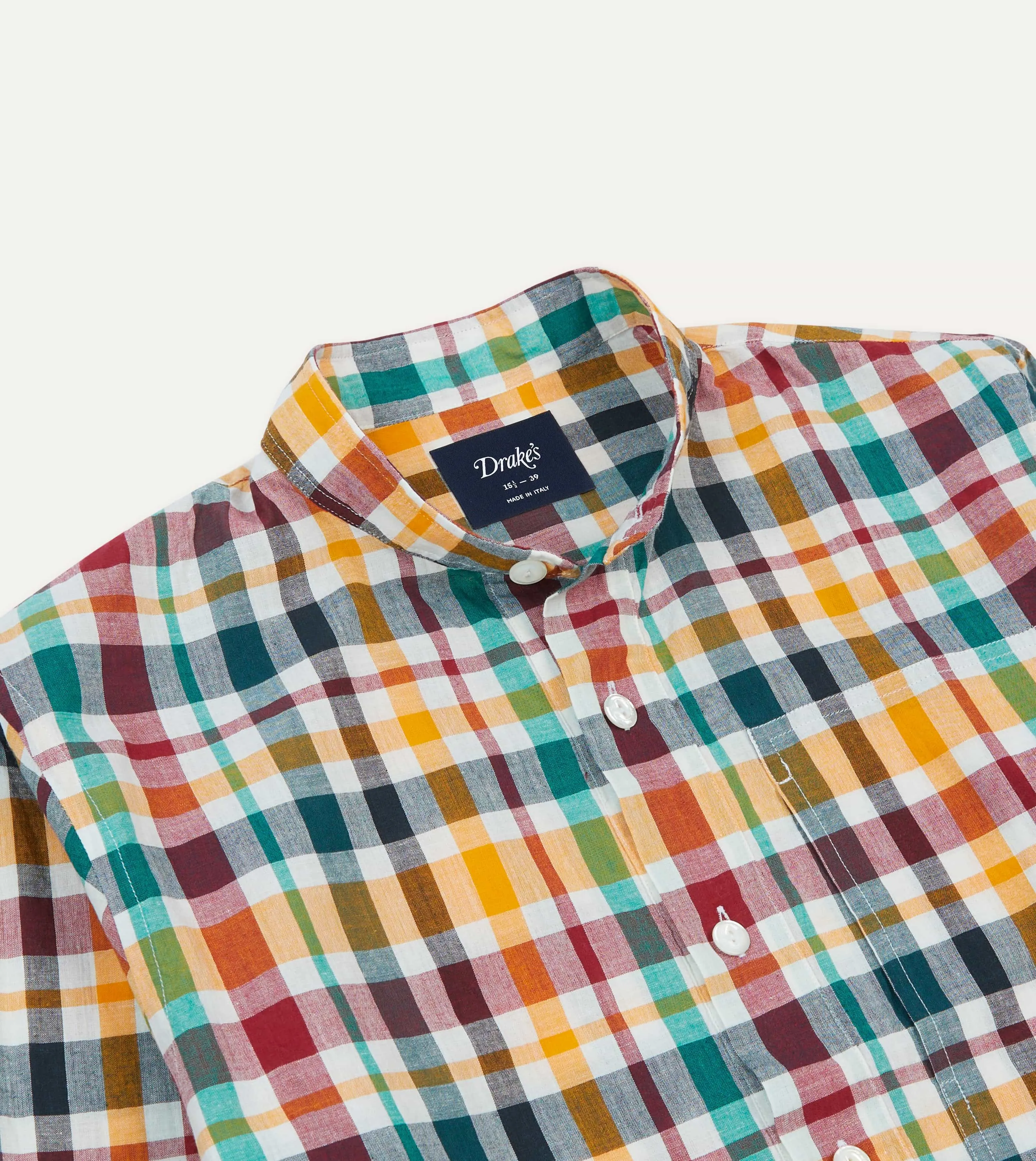 Red, Blue and Green Madras Check Linen Mandarin Collar Popover Shirt sold by Drake's London product image thumbnail 3