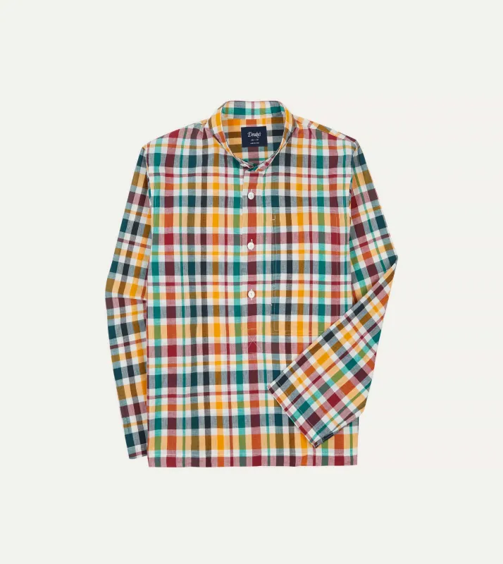 Red, Blue and Green Madras Check Linen Mandarin Collar Popover Shirt sold by Drake's London