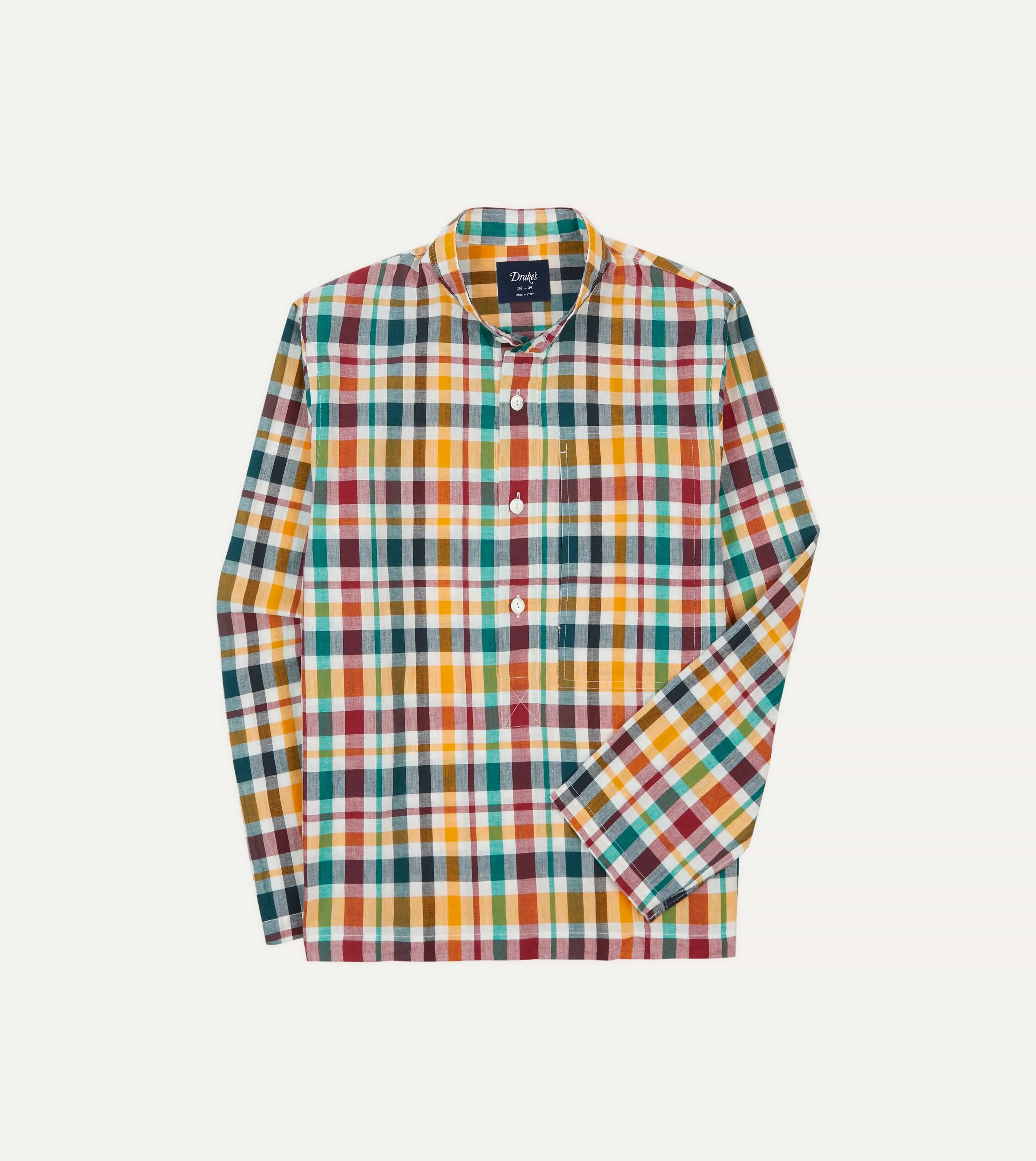 Red, Blue and Green Madras Check Linen Mandarin Collar Popover Shirt sold by Drake's London