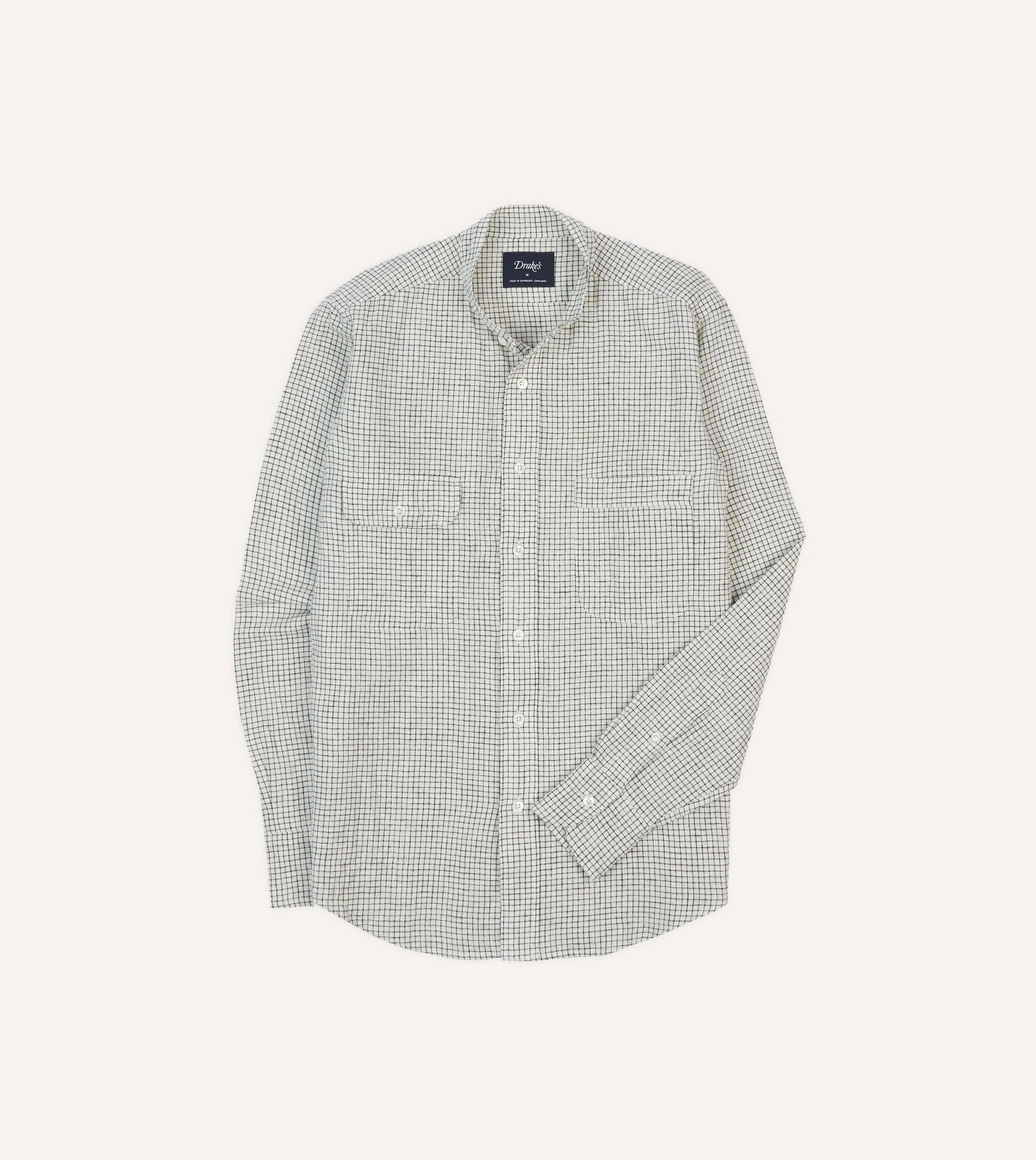 Ecru Check Linen-Cotton Mandarin Collar Shirt sold by Drake's London