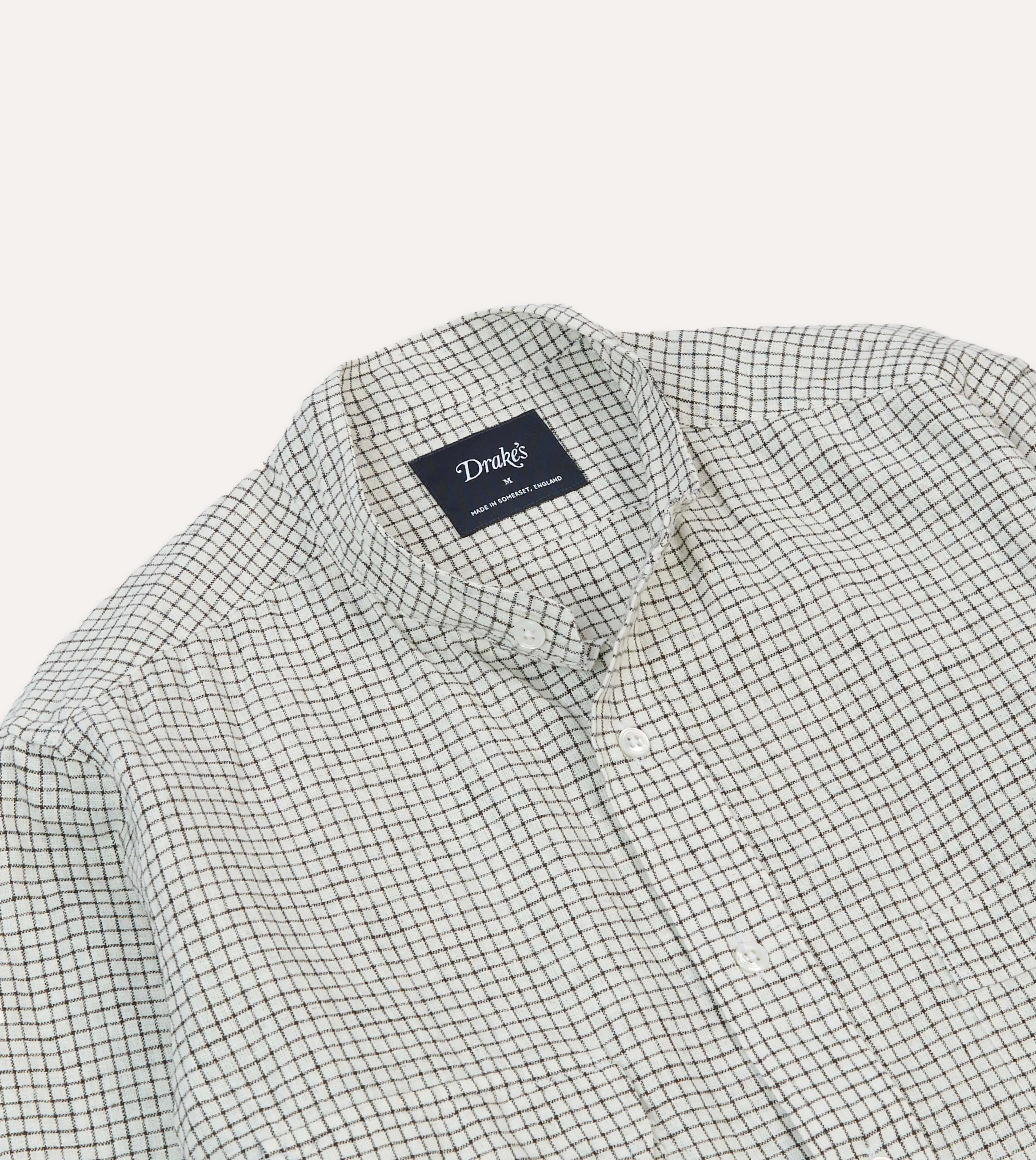 Ecru Check Linen-Cotton Mandarin Collar Shirt sold by Drake's London product image thumbnail 3