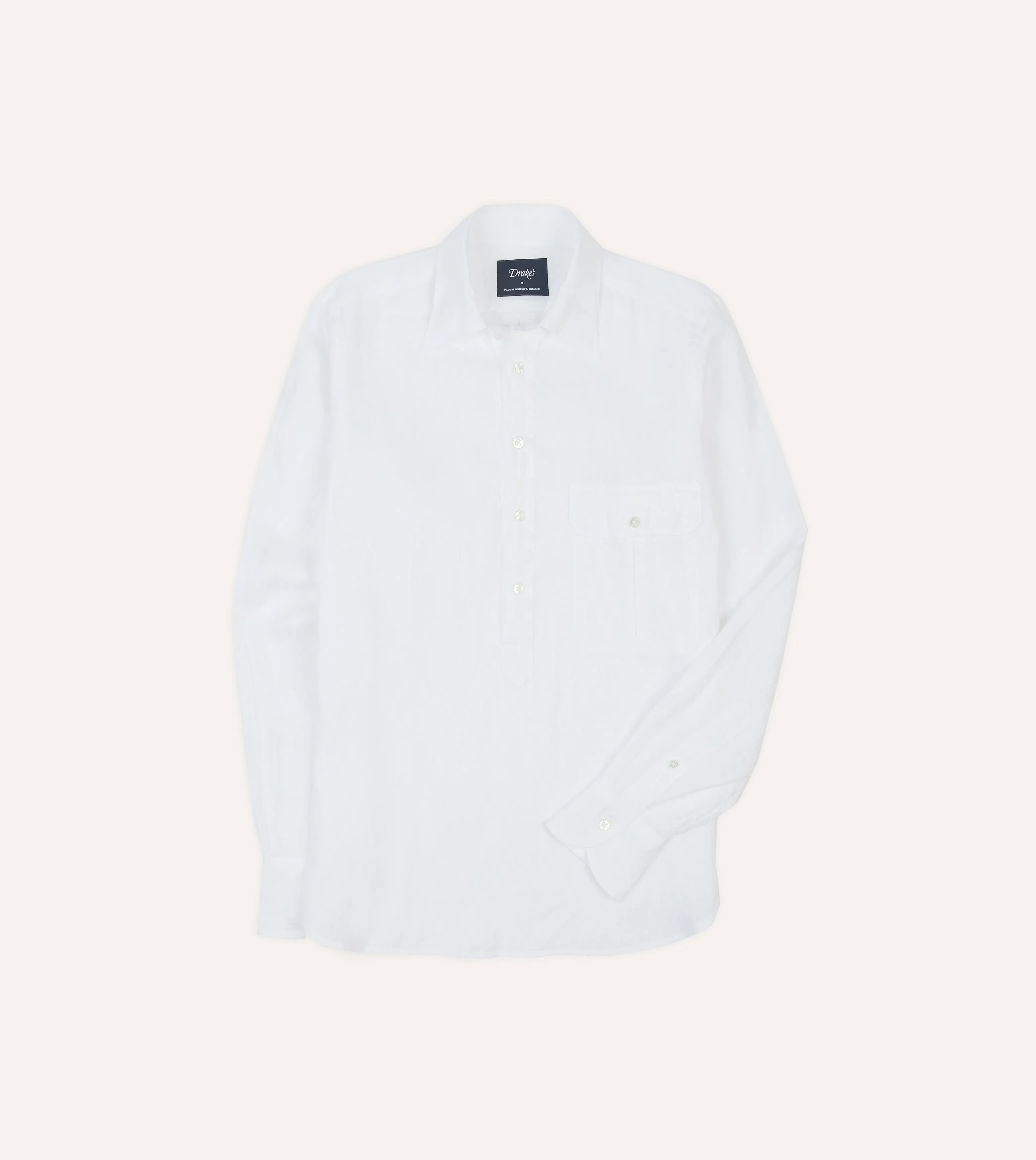 White Linen Long Point Collar Popover Shirt sold by Drake's London