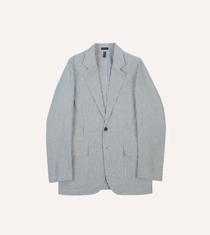Navy Ticking Stripe Cotton Linen Games Blazer Mk. I sold by Drake's London