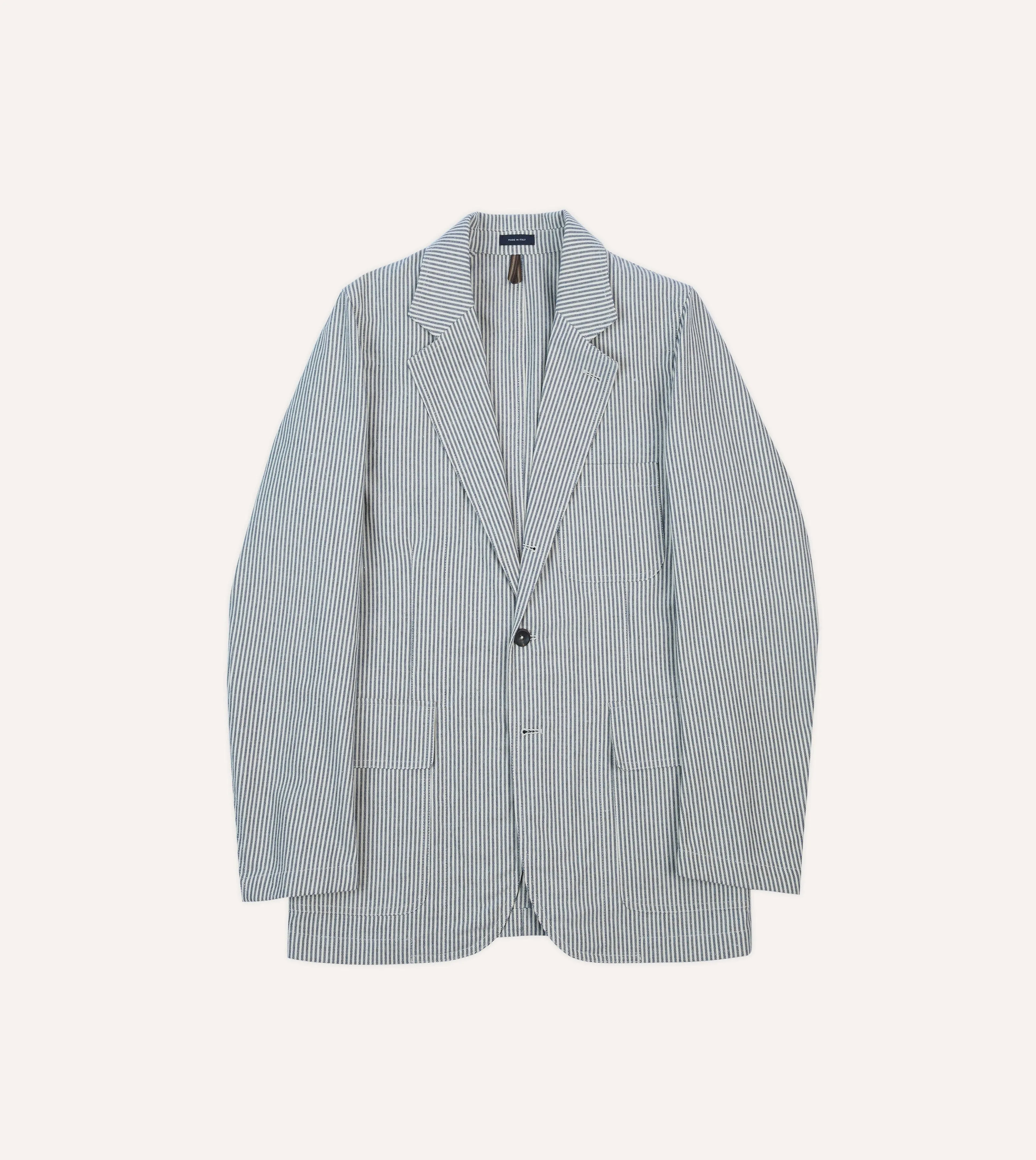 Navy Ticking Stripe Cotton Linen Games Blazer Mk. I sold by Drake's London