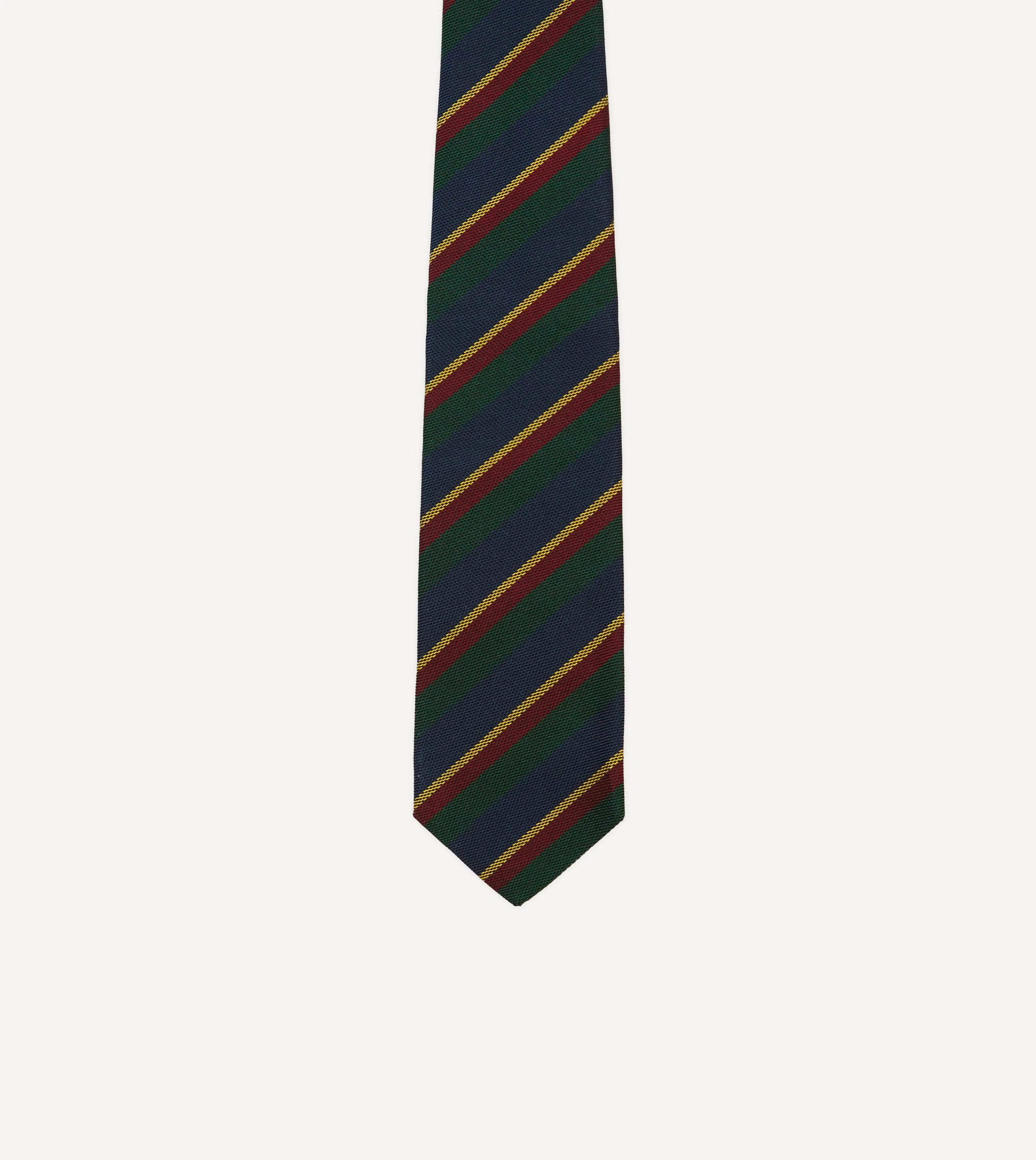 Navy, Green and Yellow Stripe Hand Rolled Silk Grenadine Tie sold by Drake's London product image thumbnail 3