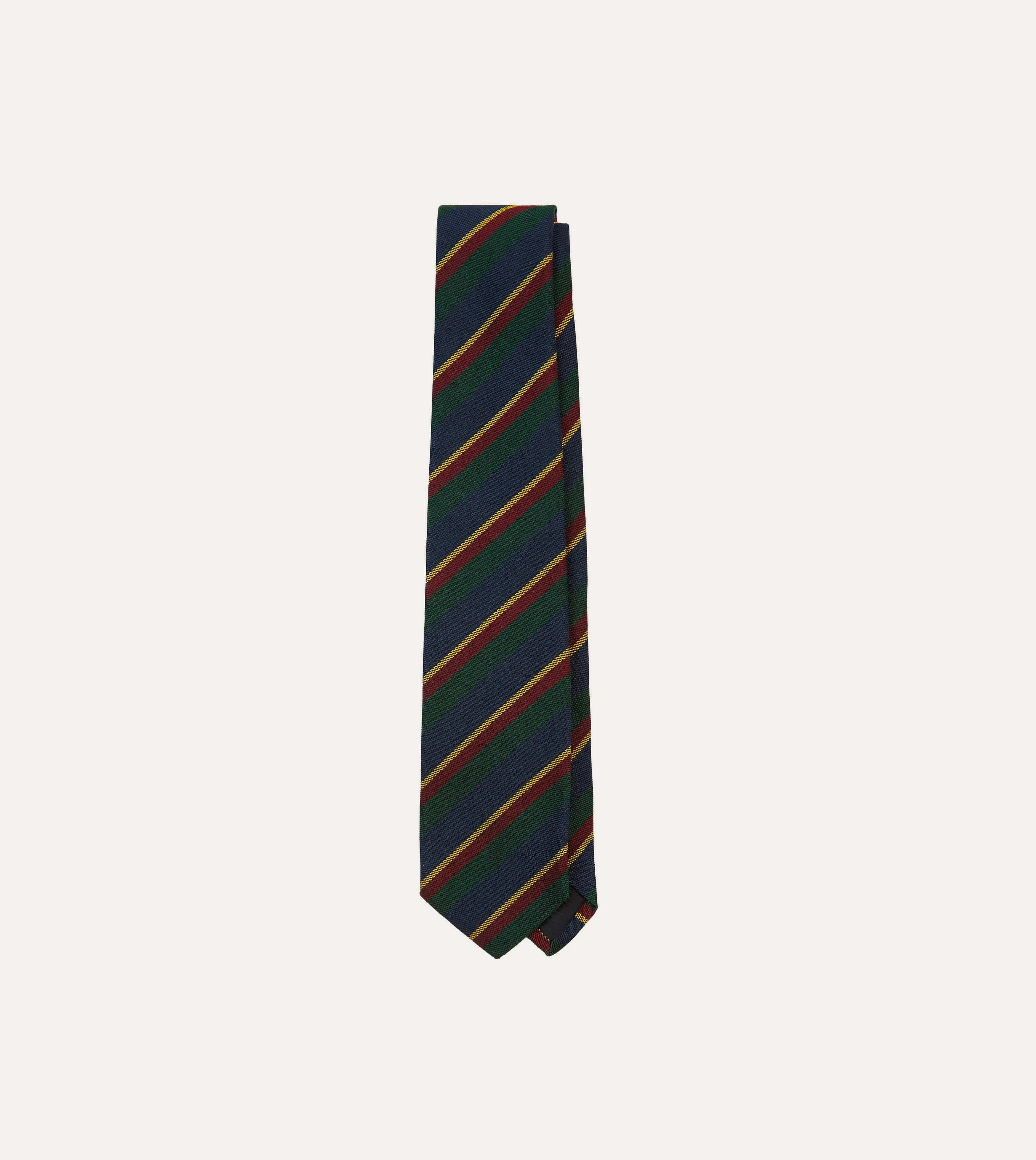 Navy, Green and Yellow Stripe Hand Rolled Silk Grenadine Tie sold by Drake's London