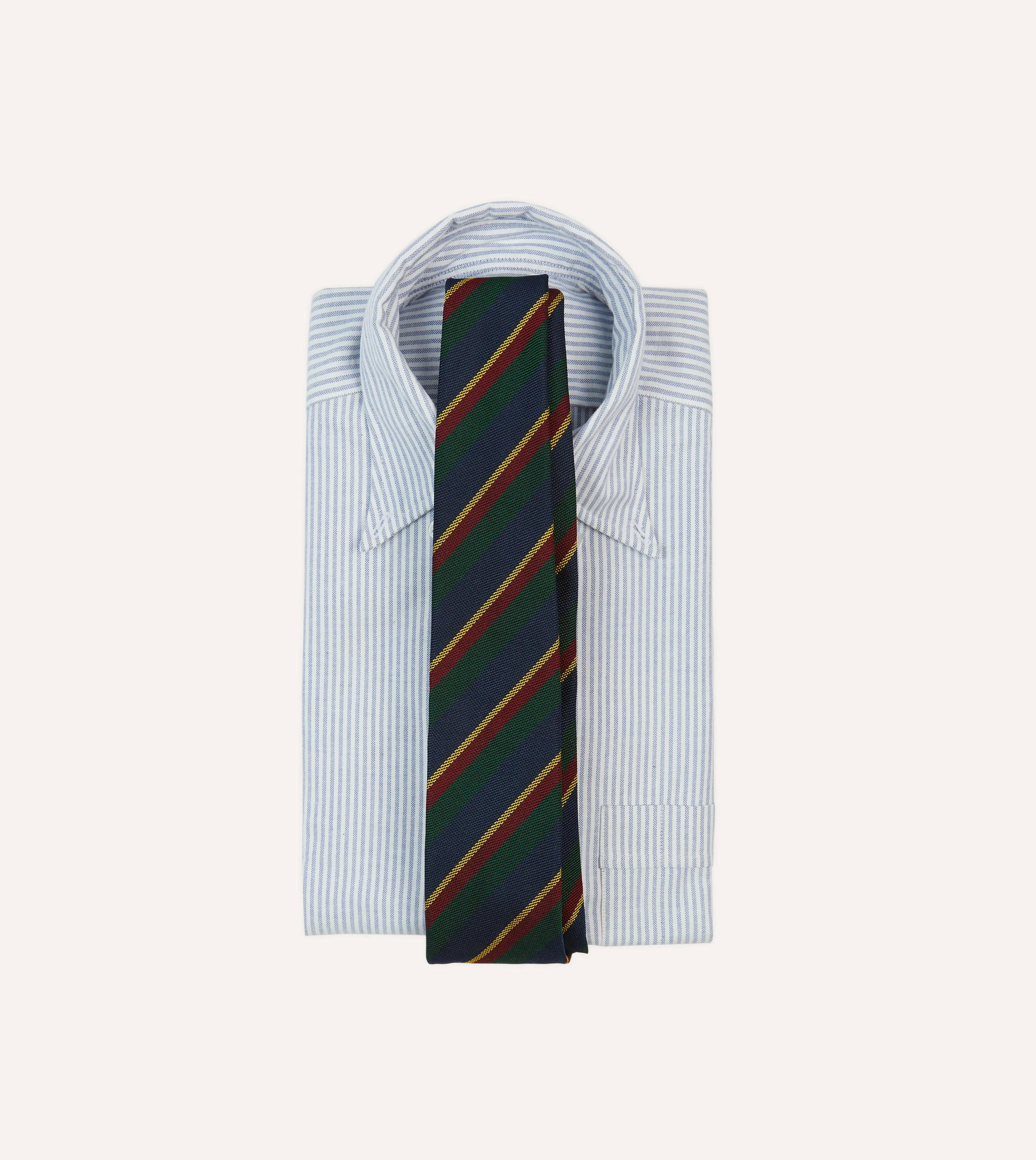 Navy, Green and Yellow Stripe Hand Rolled Silk Grenadine Tie sold by Drake's London product image thumbnail 2