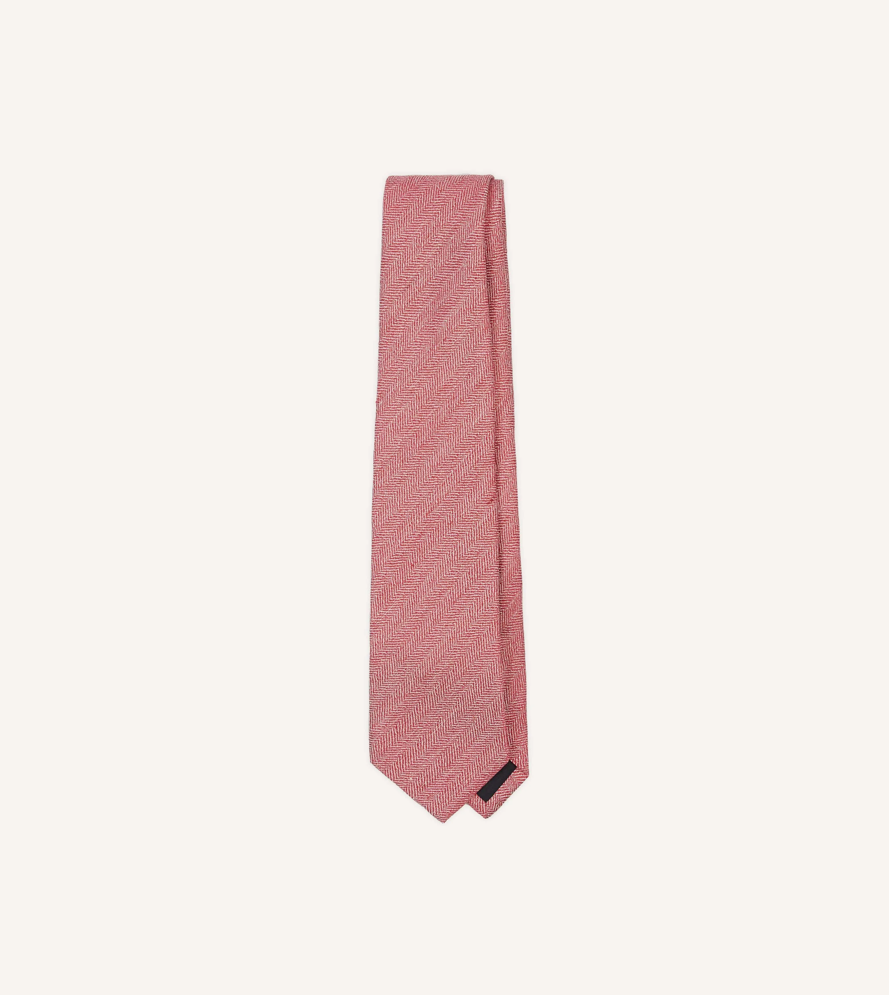 Red and Ecru Herringbone Linen Silk Tipped Tie sold by Drake's London