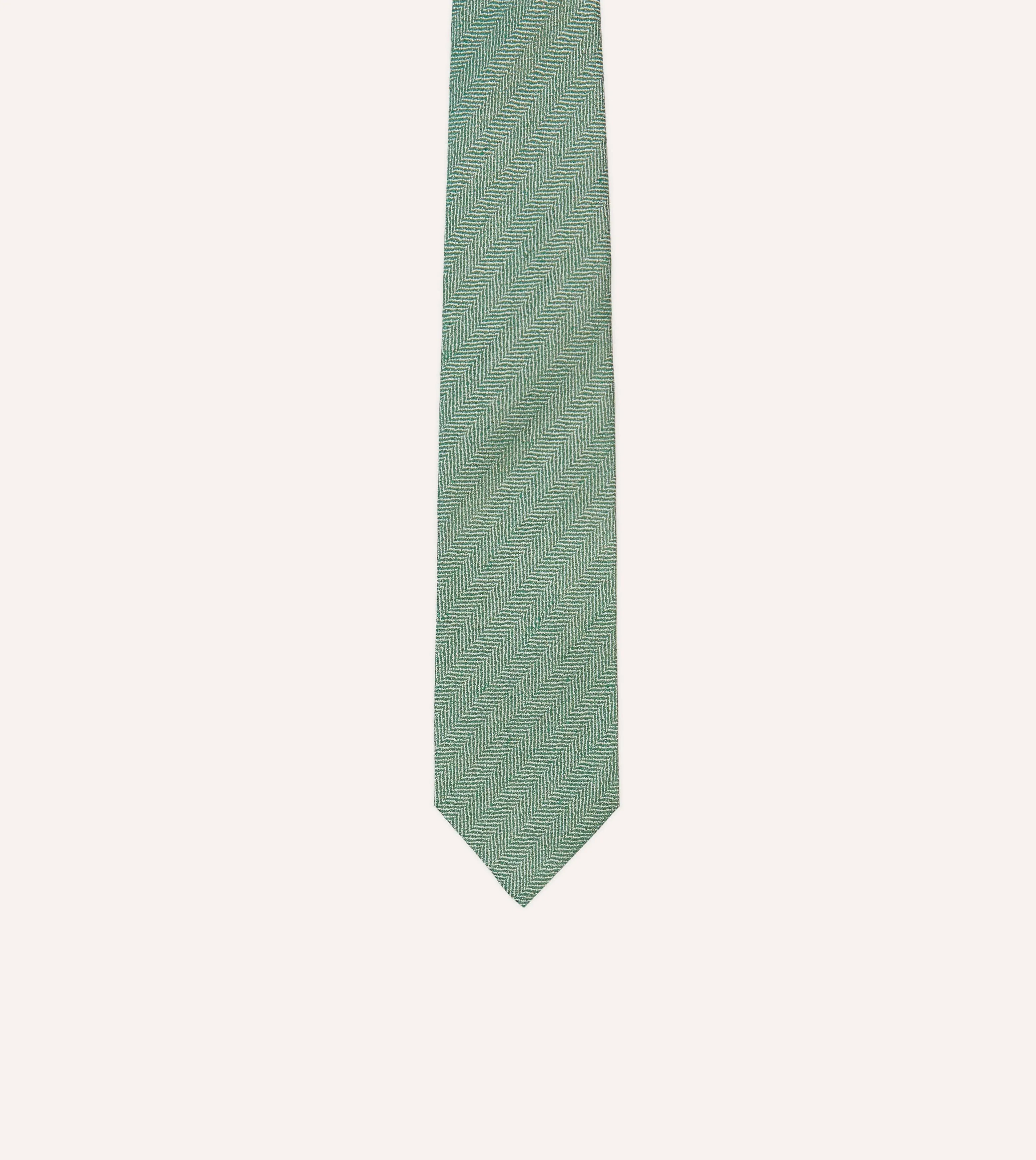 Green and Ecru Herringbone Linen Silk Tipped Tie sold by Drake's London product image thumbnail 3