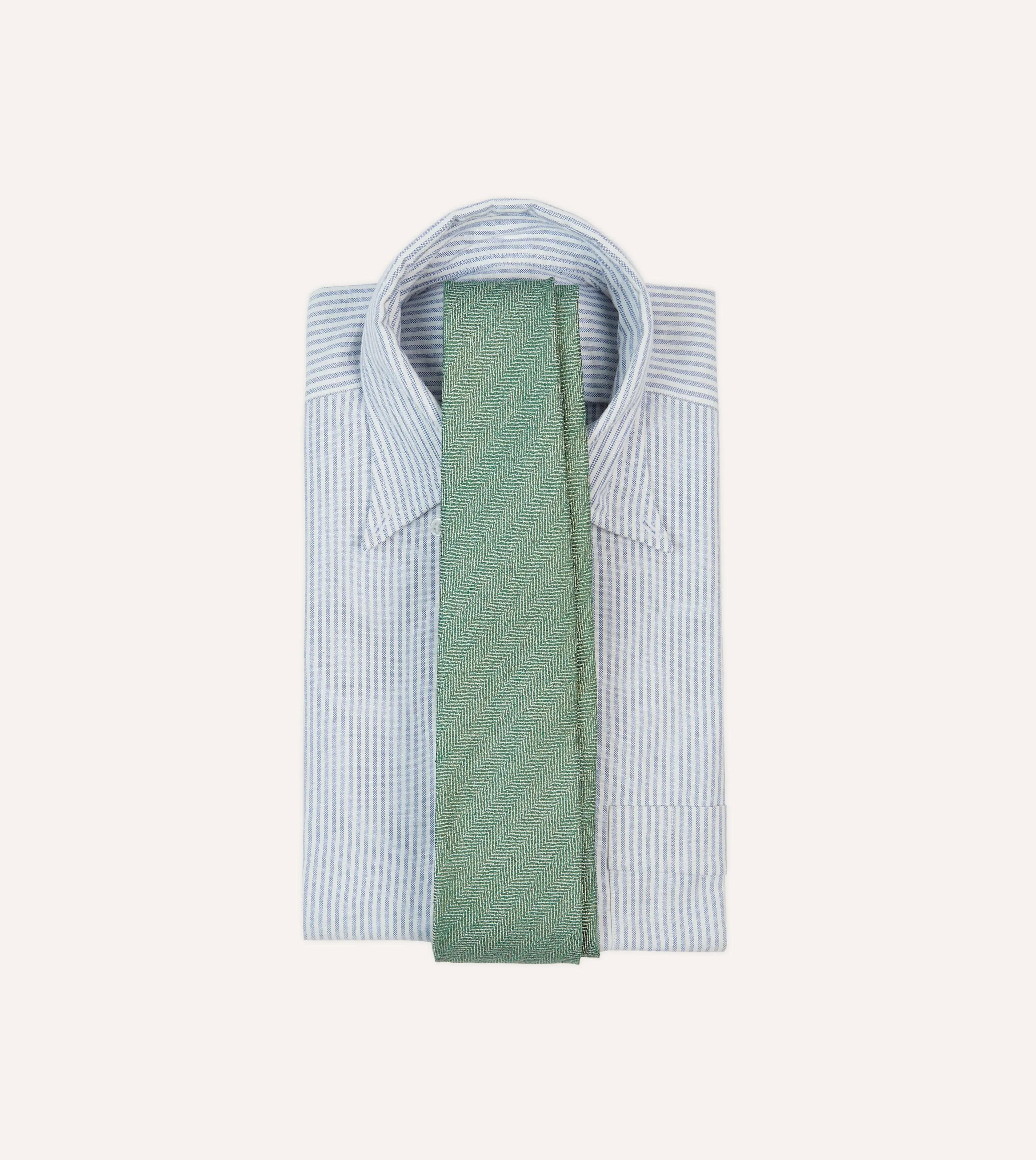 Green and Ecru Herringbone Linen Silk Tipped Tie sold by Drake's London product image thumbnail 2
