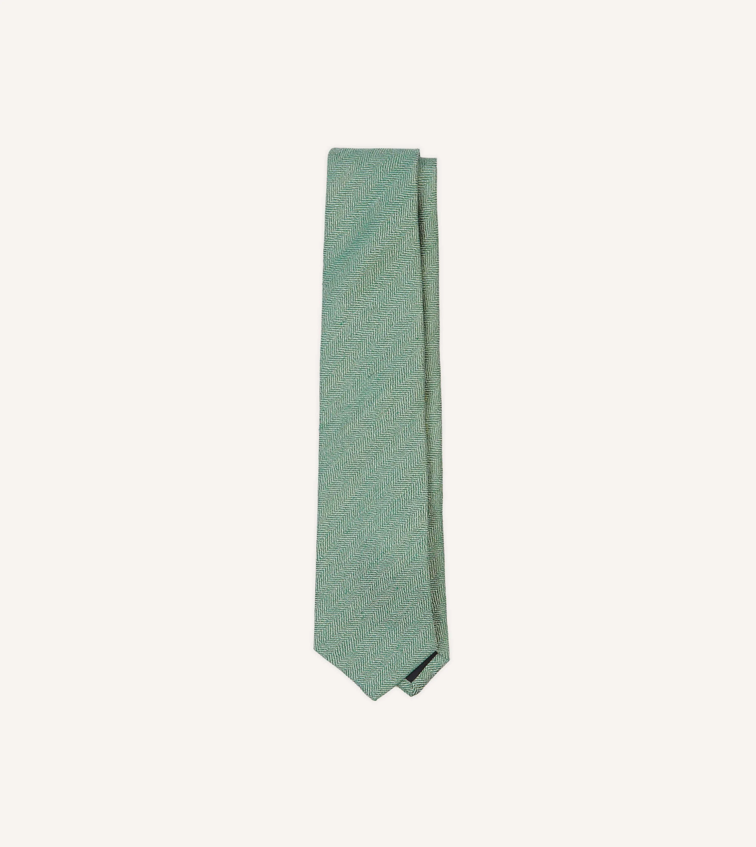 Green and Ecru Herringbone Linen Silk Tipped Tie sold by Drake's London