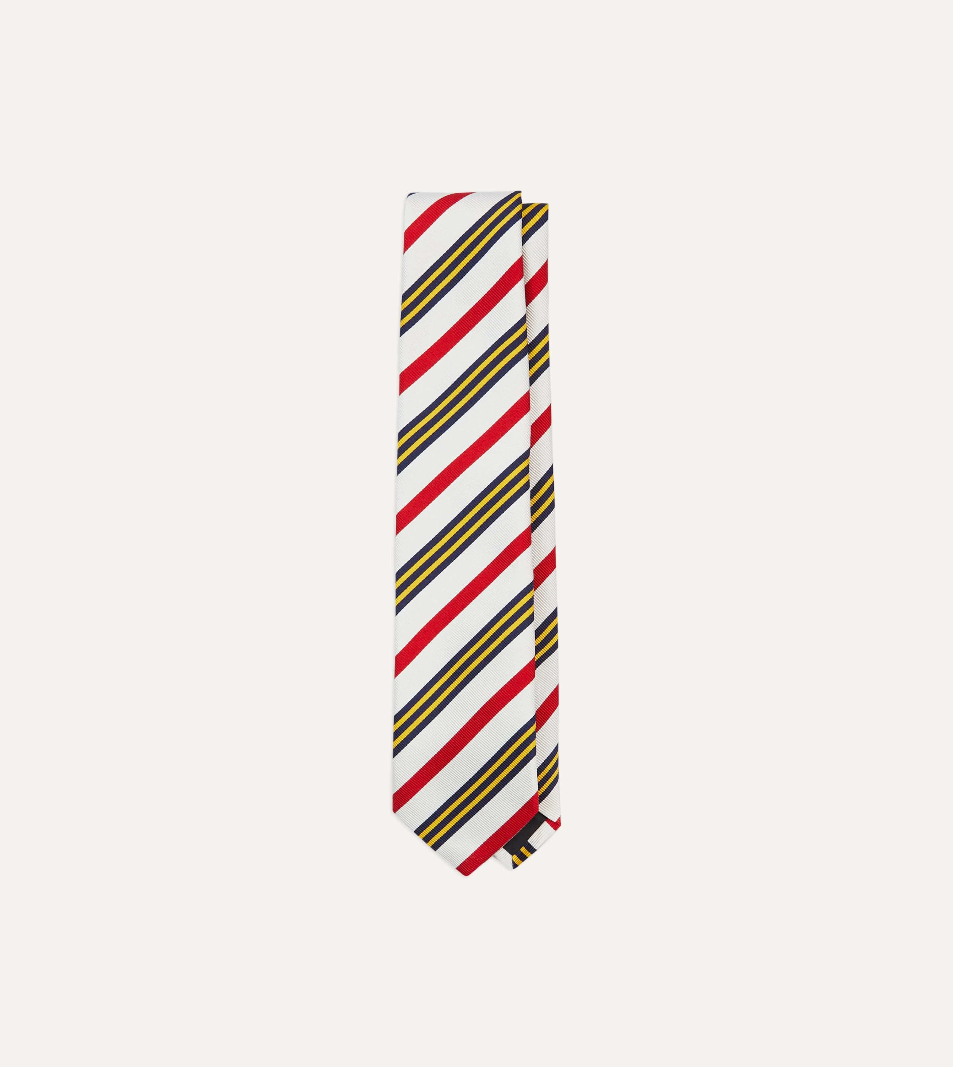 White, Navy, Yellow and Red Multi Stripe Repp Silk Tipped Tie sold by Drake's London