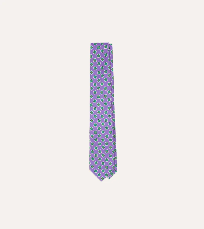 Purple Jumbled Tile Print Silk Self Tipped Tie sold by Drake's London