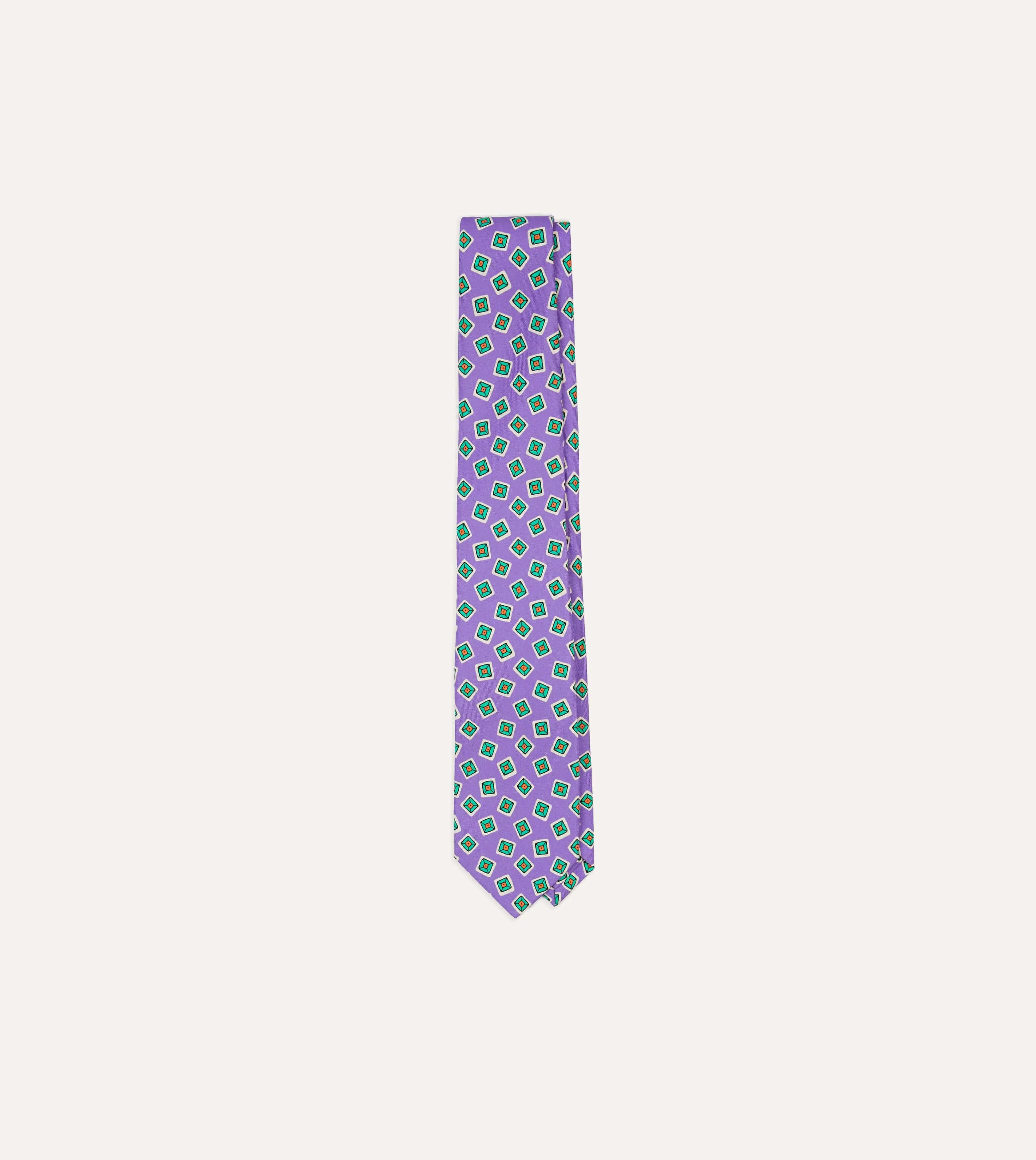 Purple Jumbled Tile Print Silk Self Tipped Tie sold by Drake's London