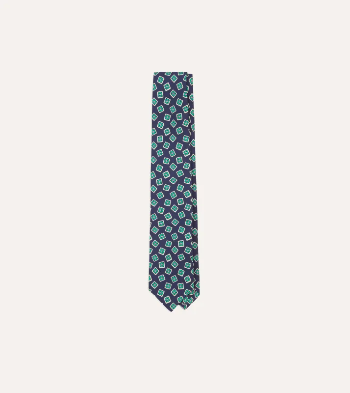 Navy Jumbled Tile Print Silk Self Tipped Tie sold by Drake's London