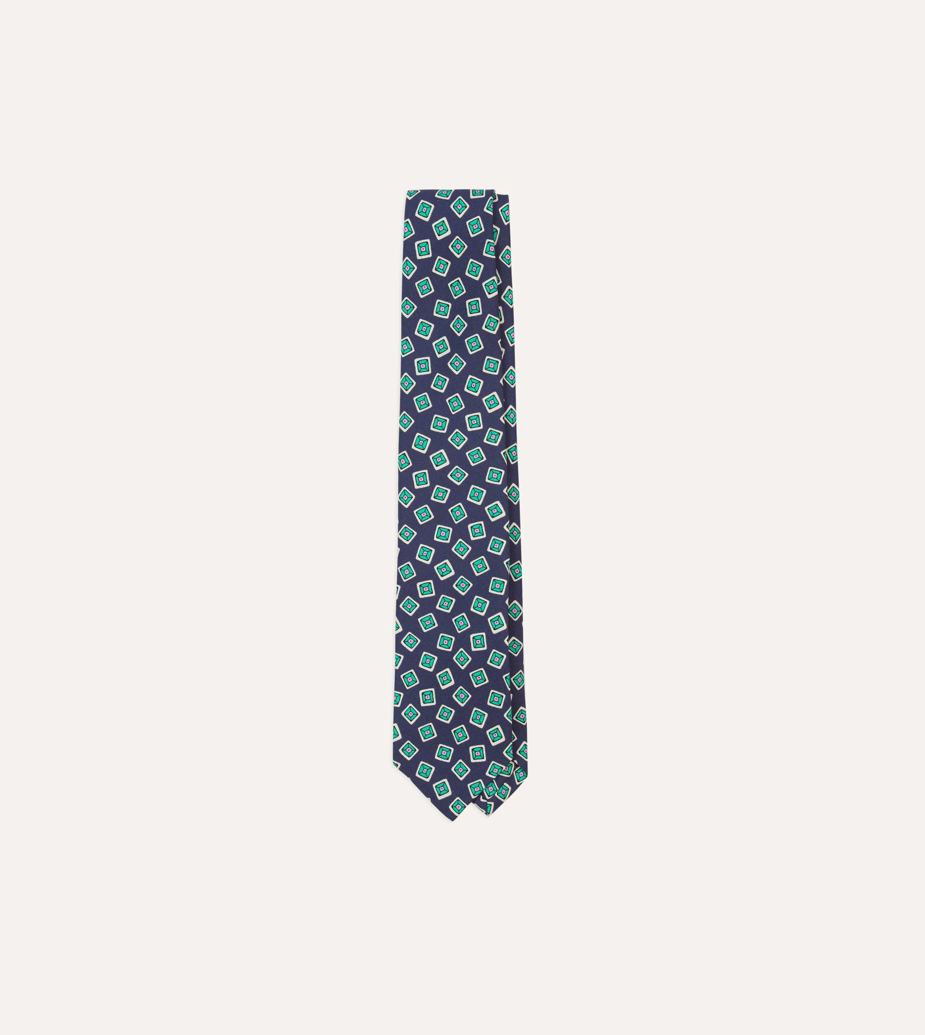 Navy Jumbled Tile Print Silk Self Tipped Tie sold by Drake's London