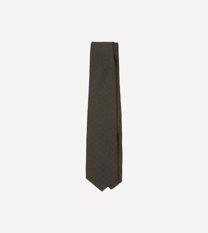 Green Medallion Print Silk Twill Self Tipped Tie sold by Drake's London