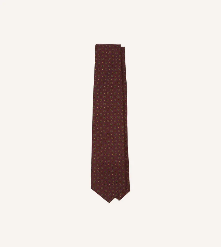 Burgundy Medallion Print Silk Twill Self Tipped Tie sold by Drake's London