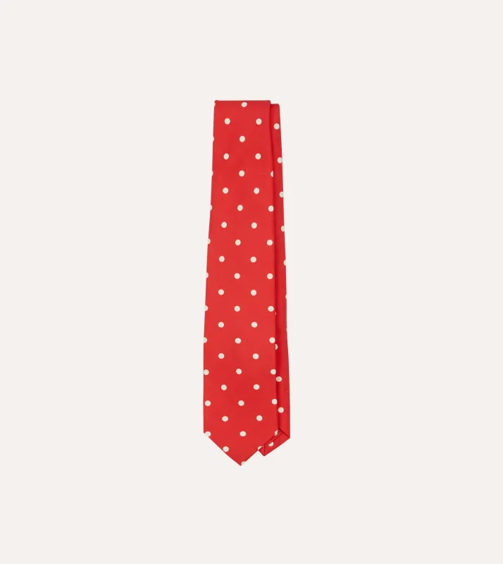 Red Large Spot Silk Self-Tipped Tie sold by Drake's London