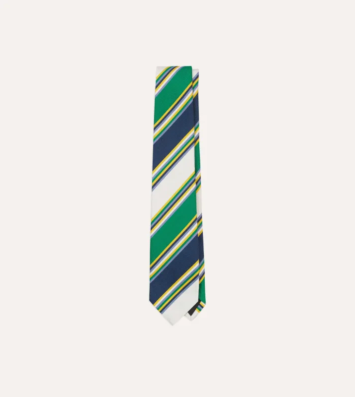 Navy, Green and White Stripe Mogador Silk Tipped Tie sold by Drake's London