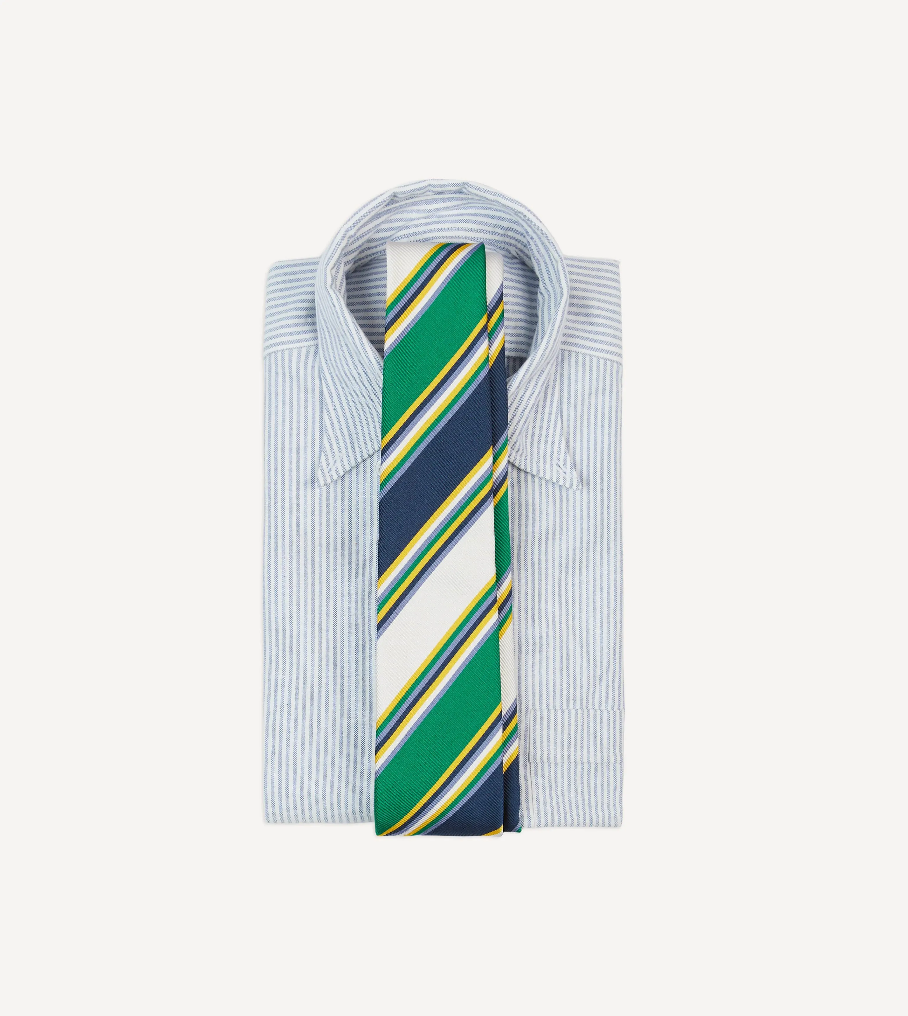 Navy, Green and White Stripe Mogador Silk Tipped Tie sold by Drake's London product image thumbnail 2
