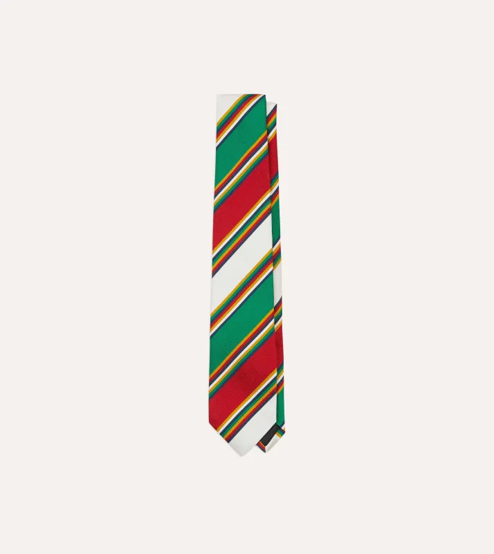 Green, Red and White Stripe Mogador Silk Tipped Tie sold by Drake's London