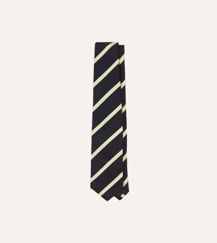 Navy and Ecru Herringbone Bar Stripe Mogador Silk Tipped Tie sold by Drake's London