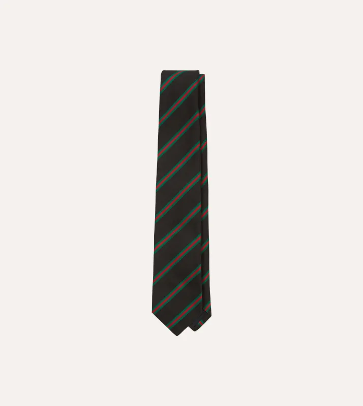 Black, Green and Red Sandwich Stripe Mogador Silk Tipped Tie sold by Drake's London