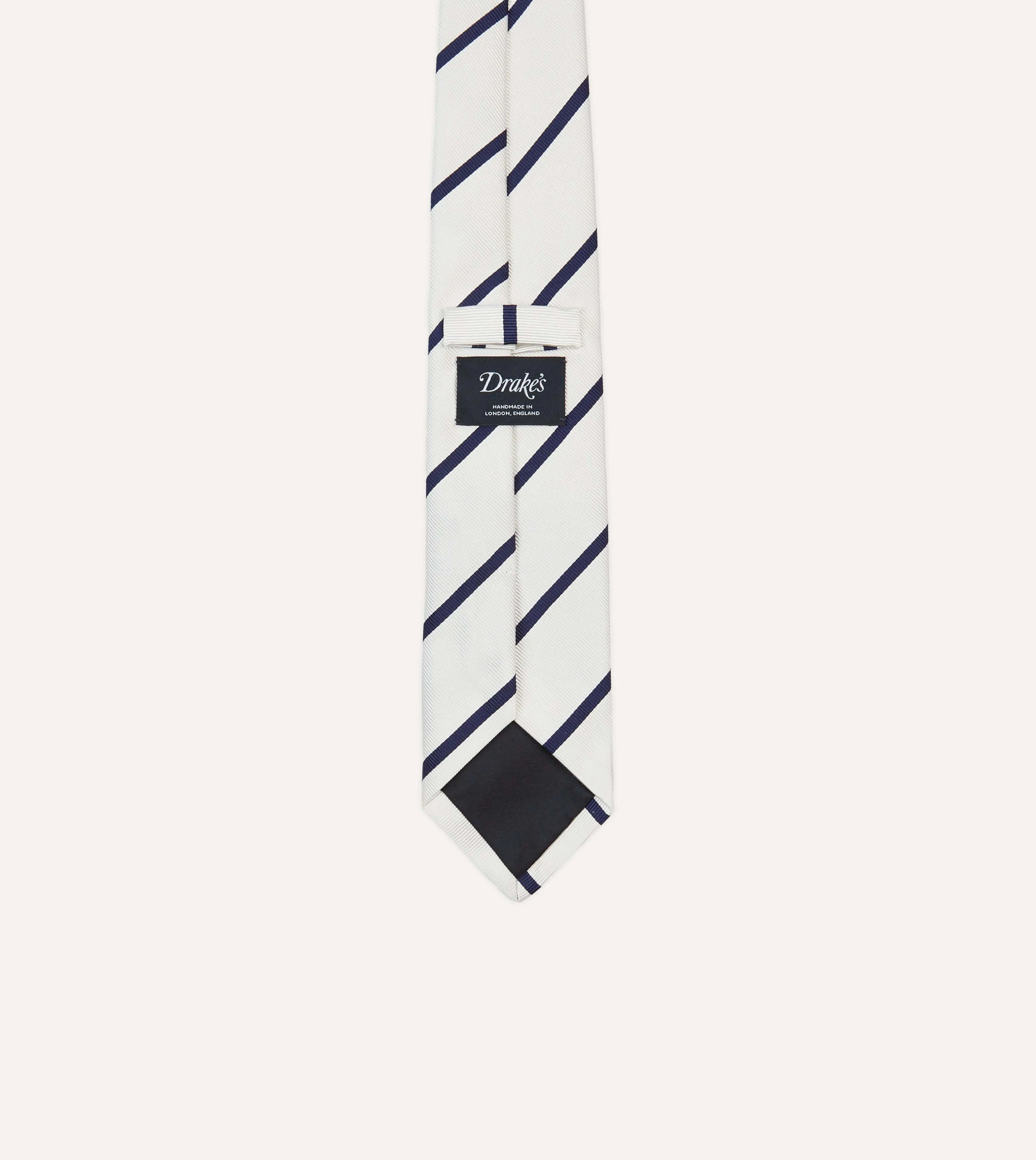 White and Navy Bar Stripe Repp Silk Tipped Tie sold by Drake's London product image thumbnail 4