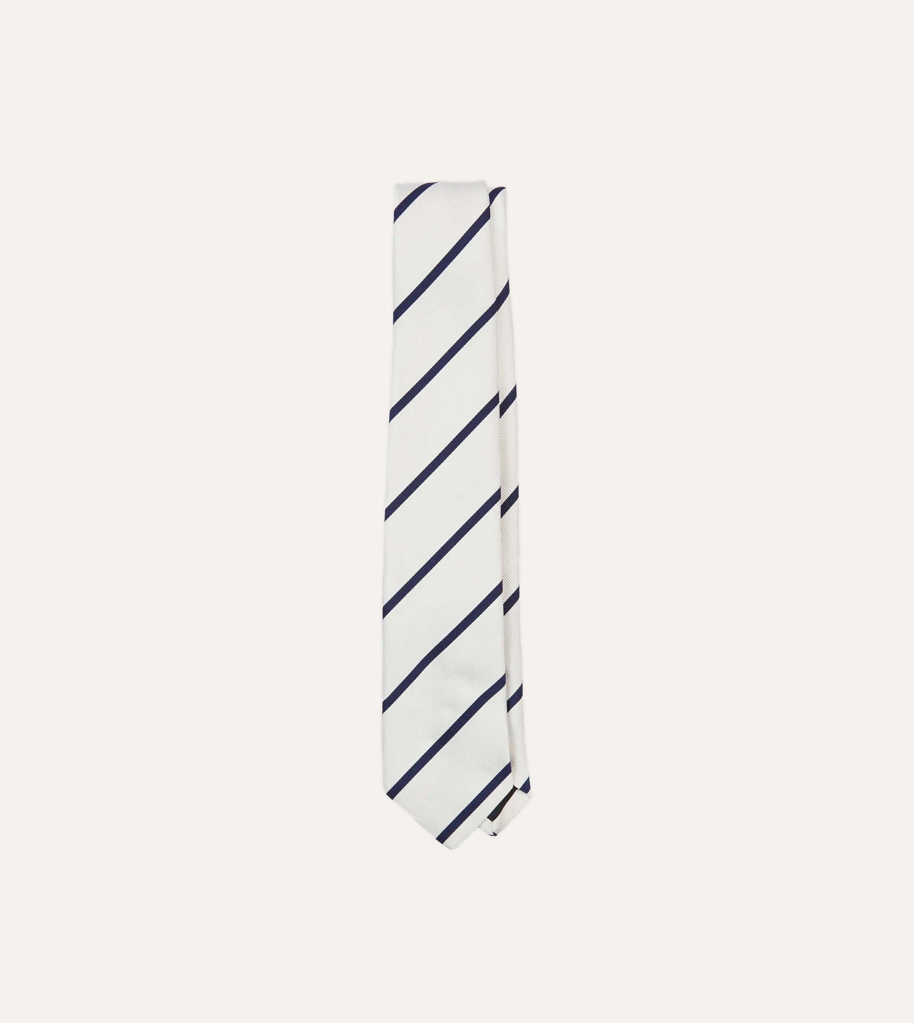 White and Navy Bar Stripe Repp Silk Tipped Tie sold by Drake's London