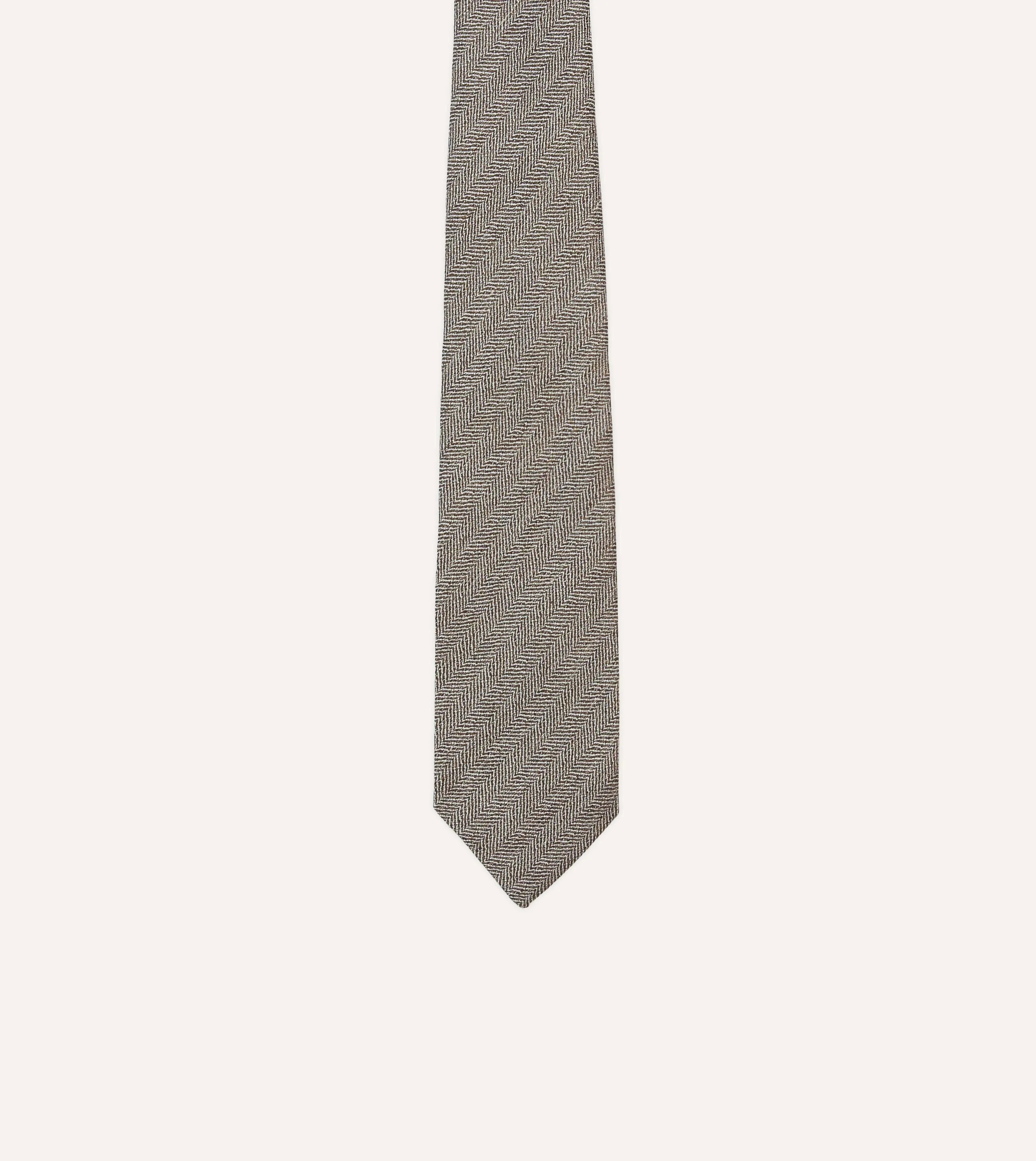 Brown and Ecru Herringbone Linen Silk Tipped Tie sold by Drake's London product image thumbnail 3