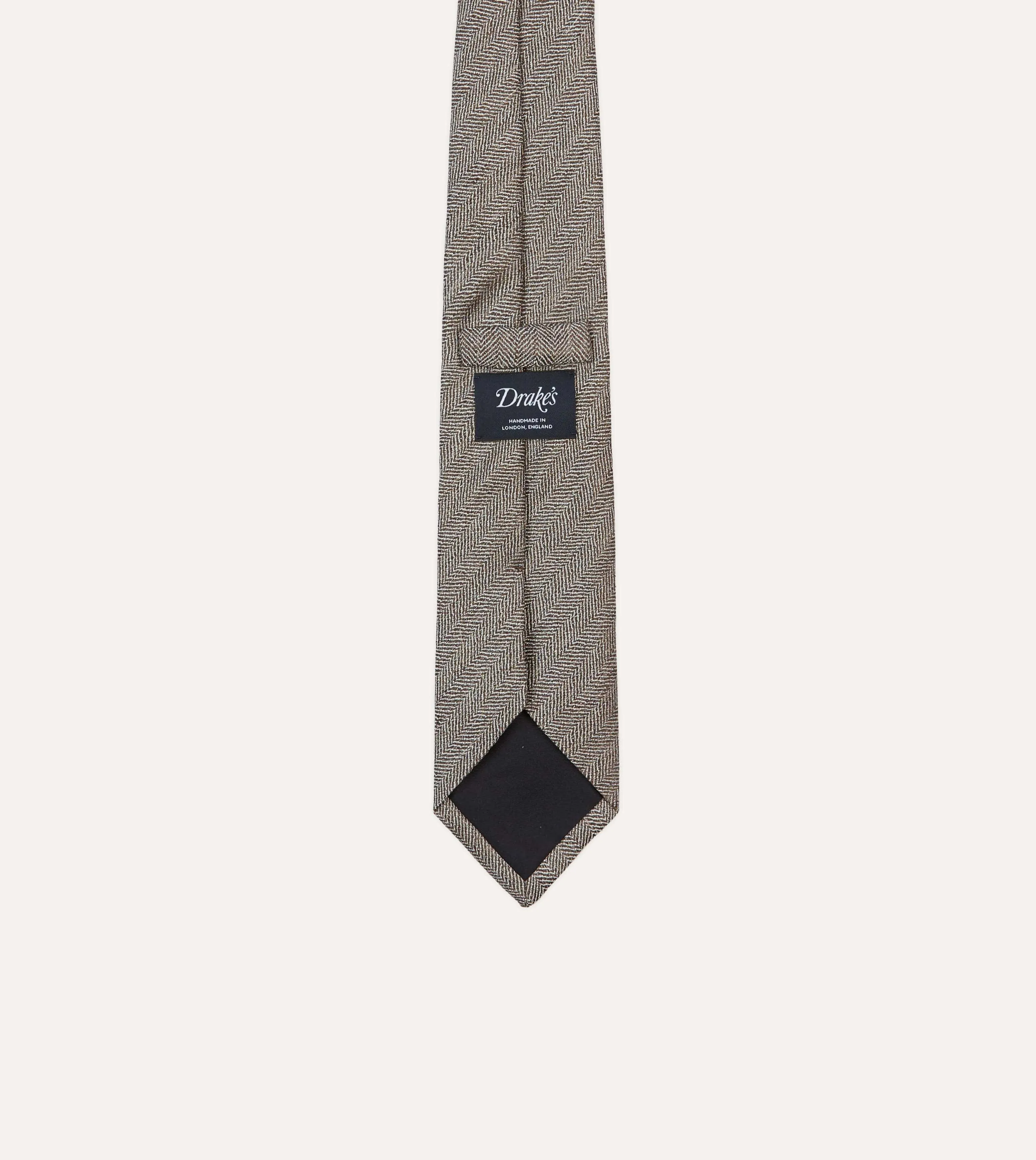 Brown and Ecru Herringbone Linen Silk Tipped Tie sold by Drake's London product image thumbnail 4