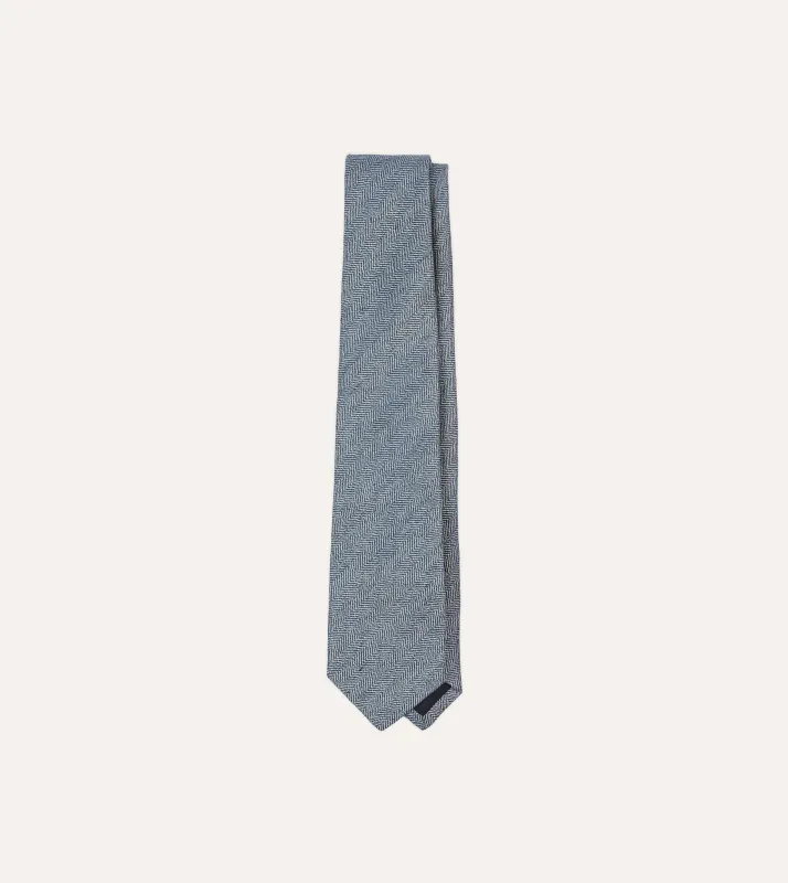 Navy and Ecru Herringbone Linen Silk Tipped Tie sold by Drake's London
