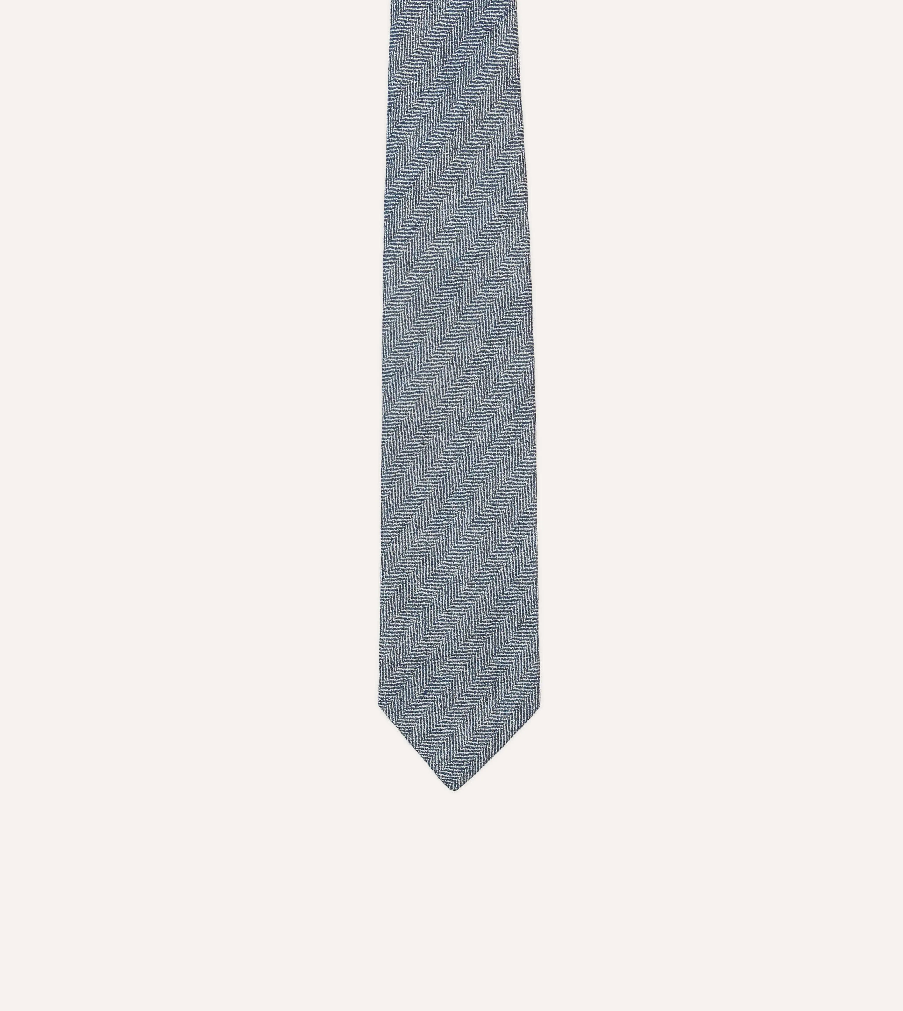 Navy and Ecru Herringbone Linen Silk Tipped Tie sold by Drake's London product image thumbnail 3