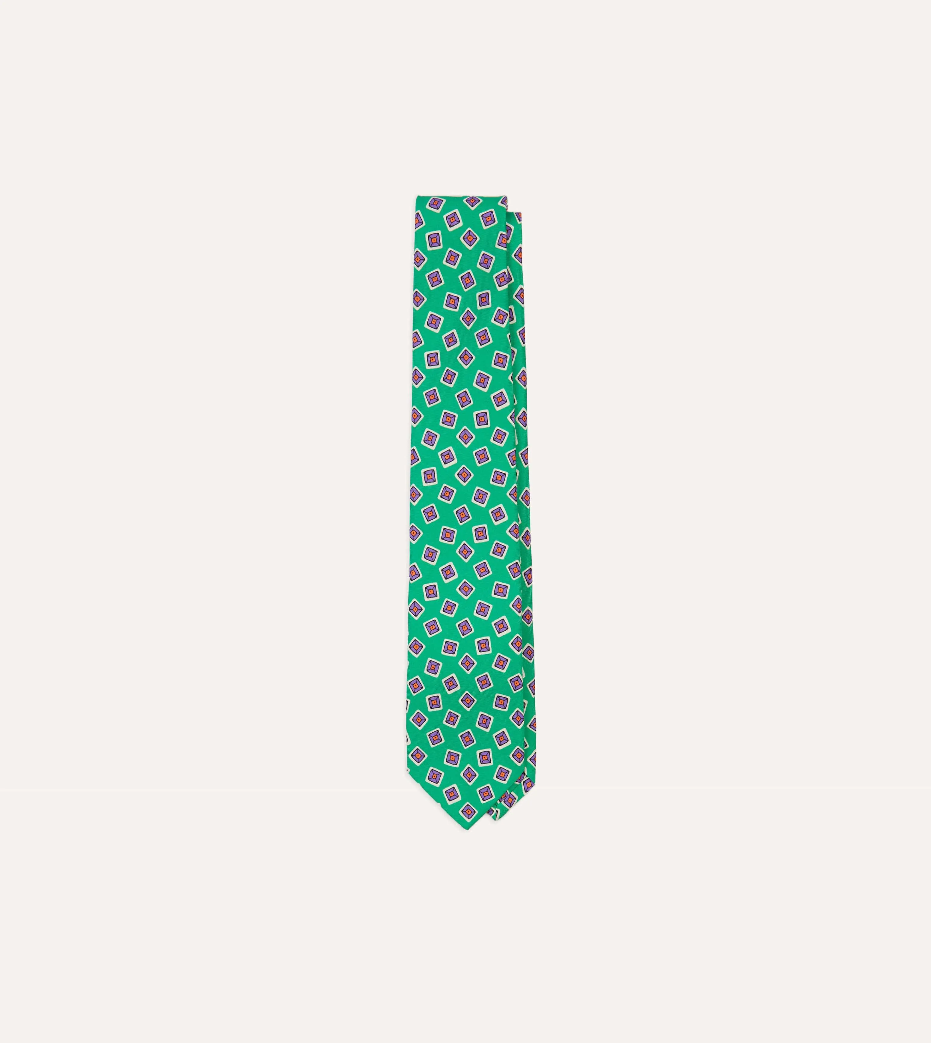 Green Jumbled Tile Print Silk Self Tipped Tie sold by Drake's London