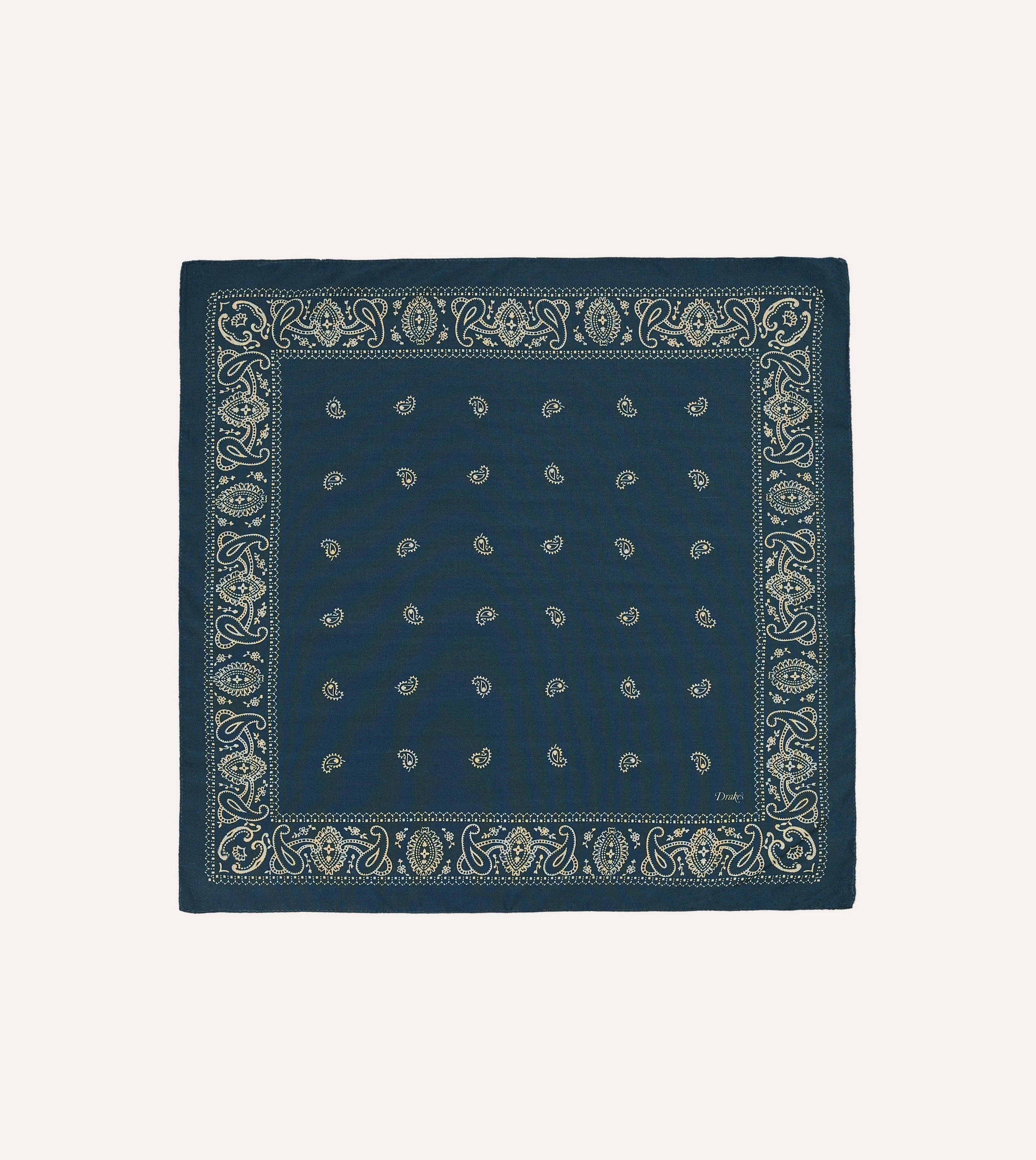 Navy Trad Paisley Print Wool-Silk Bandana sold by Drake's London