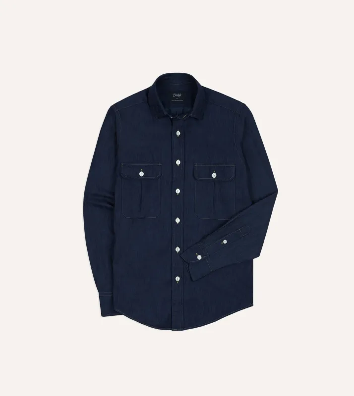Navy Cotton Linen Two-Pocket Work Shirt sold by Drake's London
