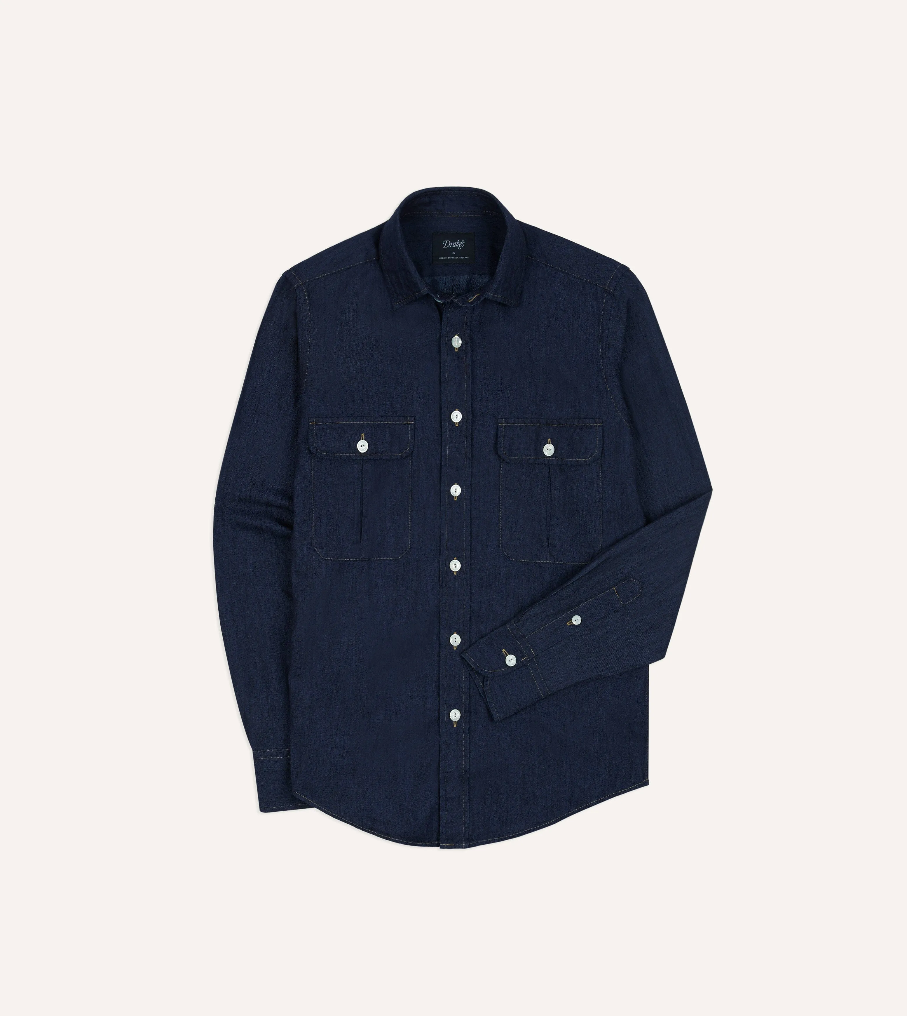 Navy Cotton Linen Two-Pocket Work Shirt sold by Drake's London