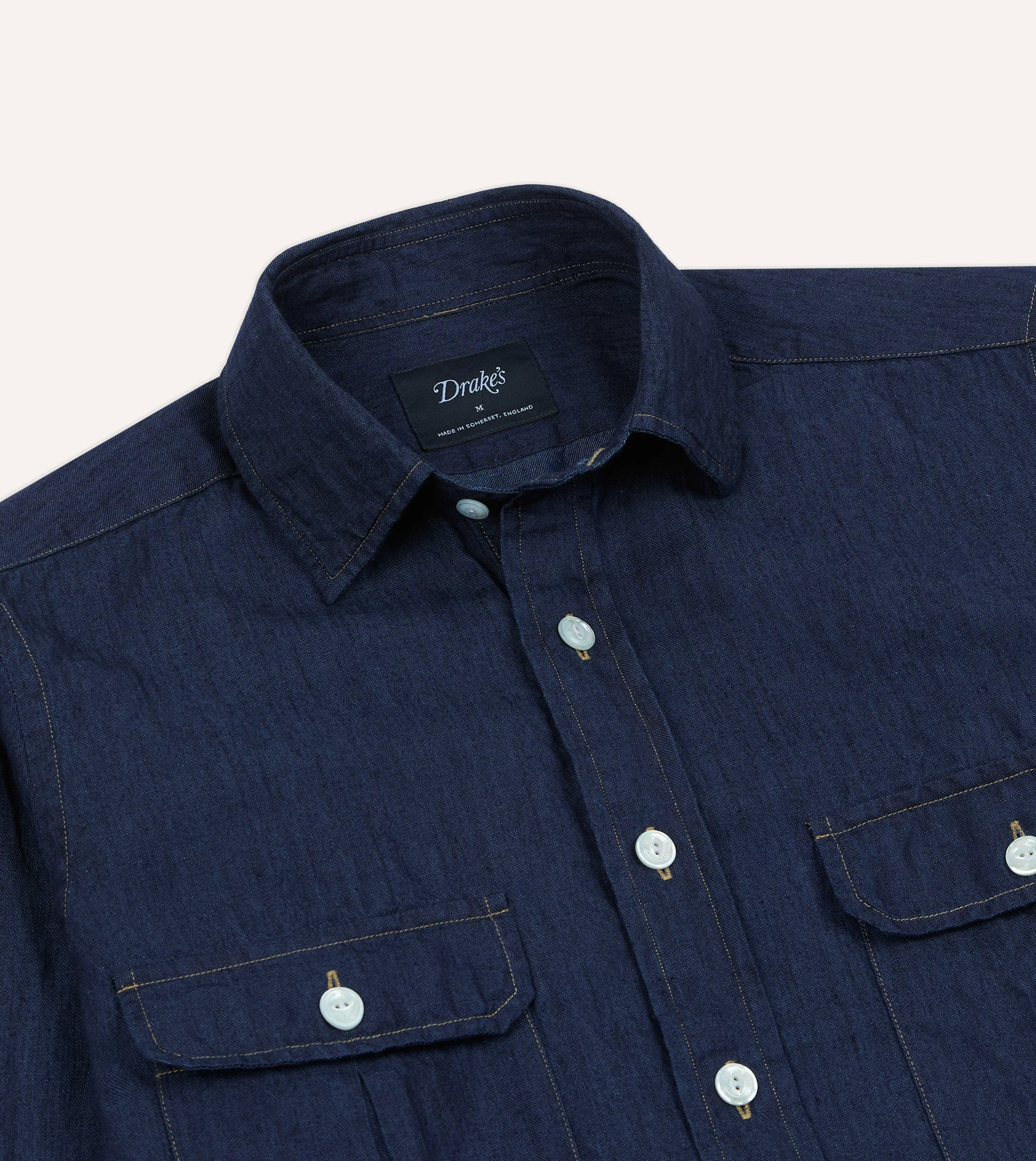 Navy Cotton Linen Two-Pocket Work Shirt sold by Drake's London product image thumbnail 3
