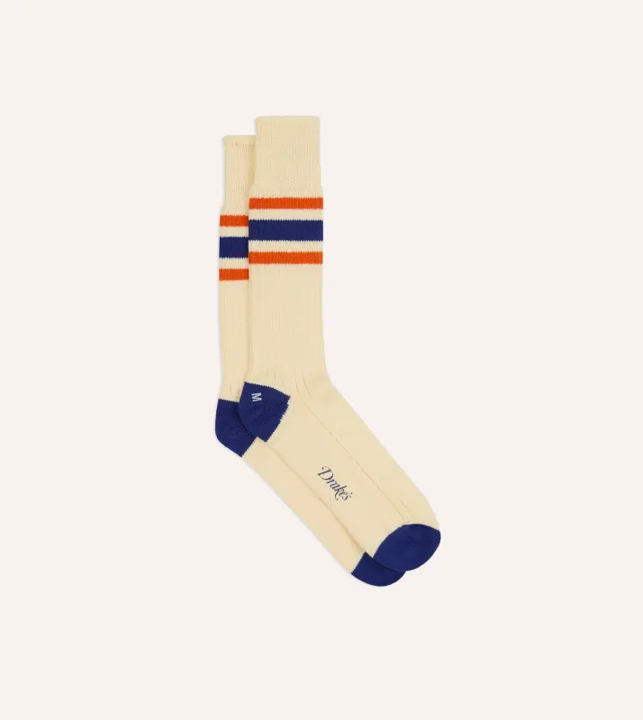 Ecru, Blue and Orange Striped Sport Socks sold by Drake's London