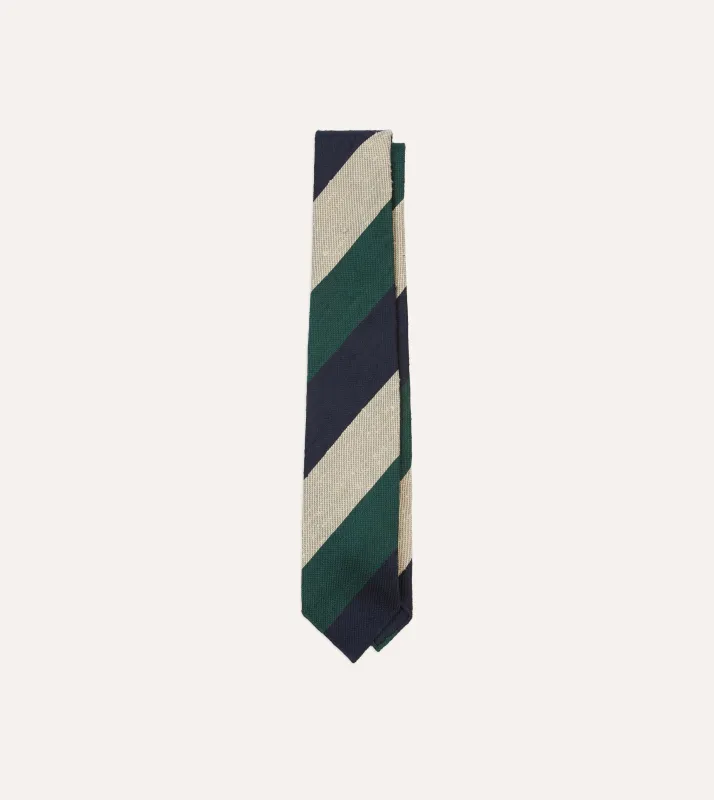 Navy, Green and Ecru Block Stripe Shantung Silk Tie made by Drake's London