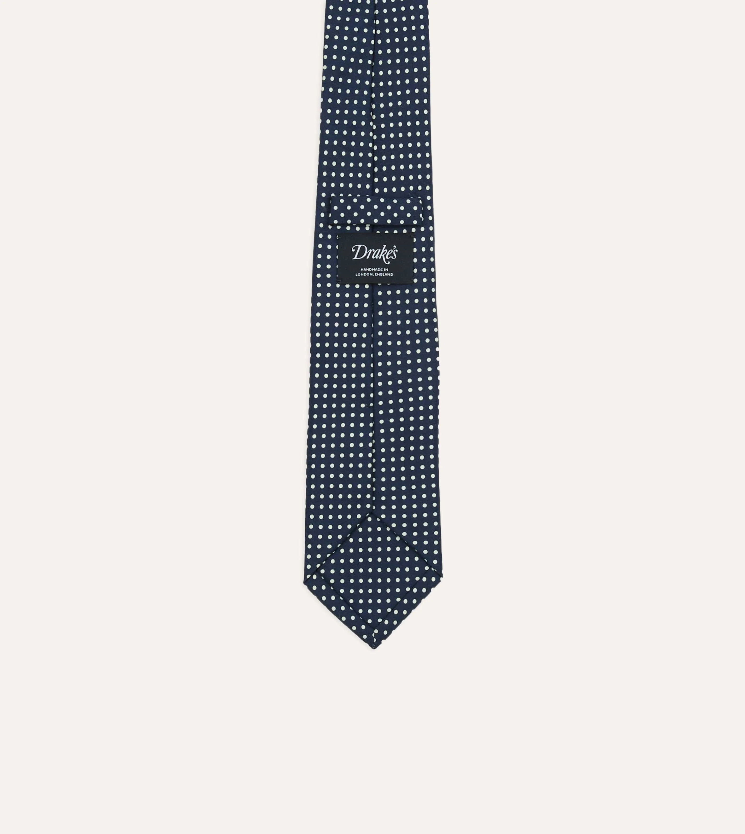 Navy Small Spot Silk Self-Tipped Tie sold by Drake's London product image thumbnail 4
