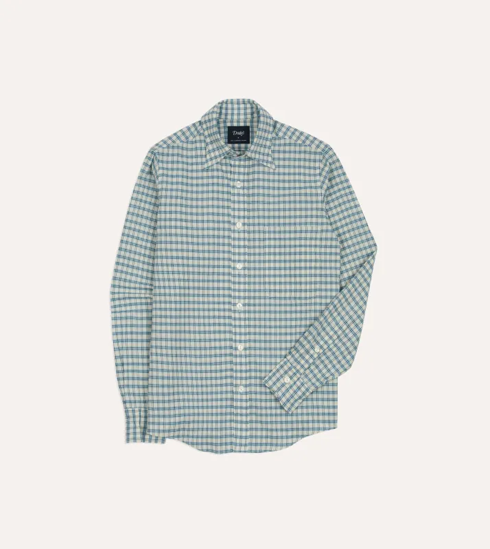 Blue and White Madras Check Cotton Long Point Collar Shirt sold by Drake's London