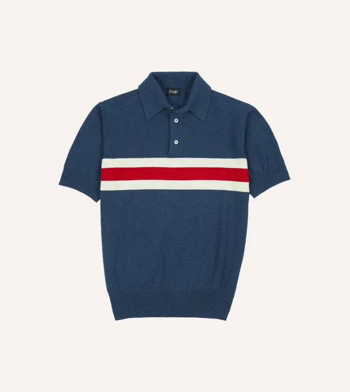 Blue Stripe Knitted Crepe Cotton Short-Sleeve Polo Shirt made by Drake's London