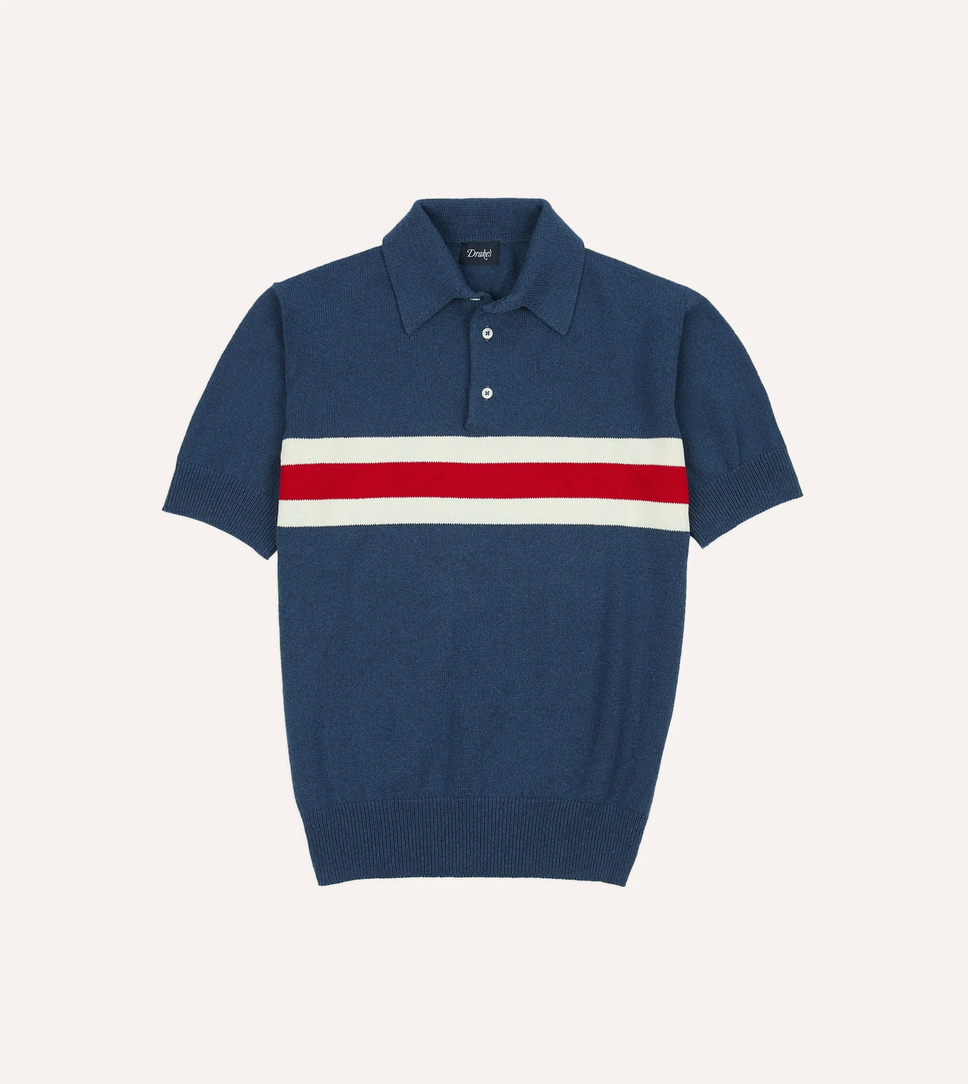 Blue Stripe Knitted Crepe Cotton Short-Sleeve Polo Shirt sold by Drake's London