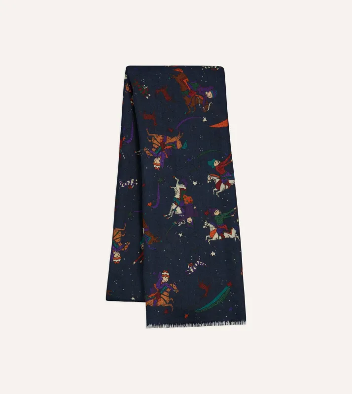 Navy Mughal and Stars Print Wool Scarf sold by Drake's London