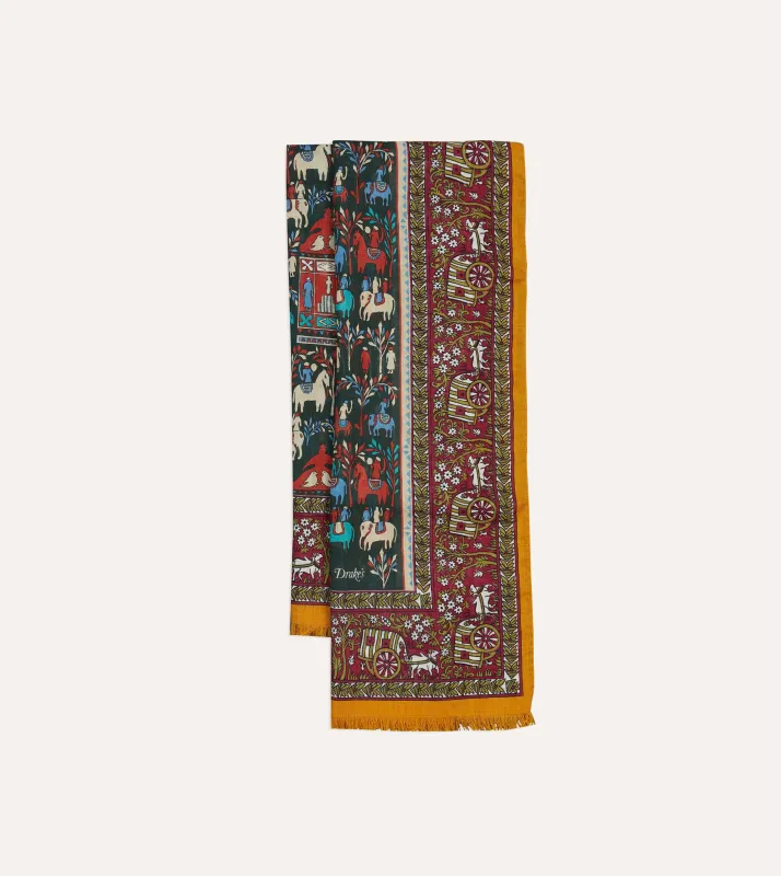 Burgundy Elephant Village Print Wool-Silk Scarf sold by Drake's London