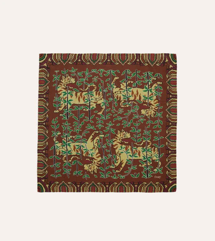 Brown Tigers Print Wool-Silk Bandana sold by Drake's London